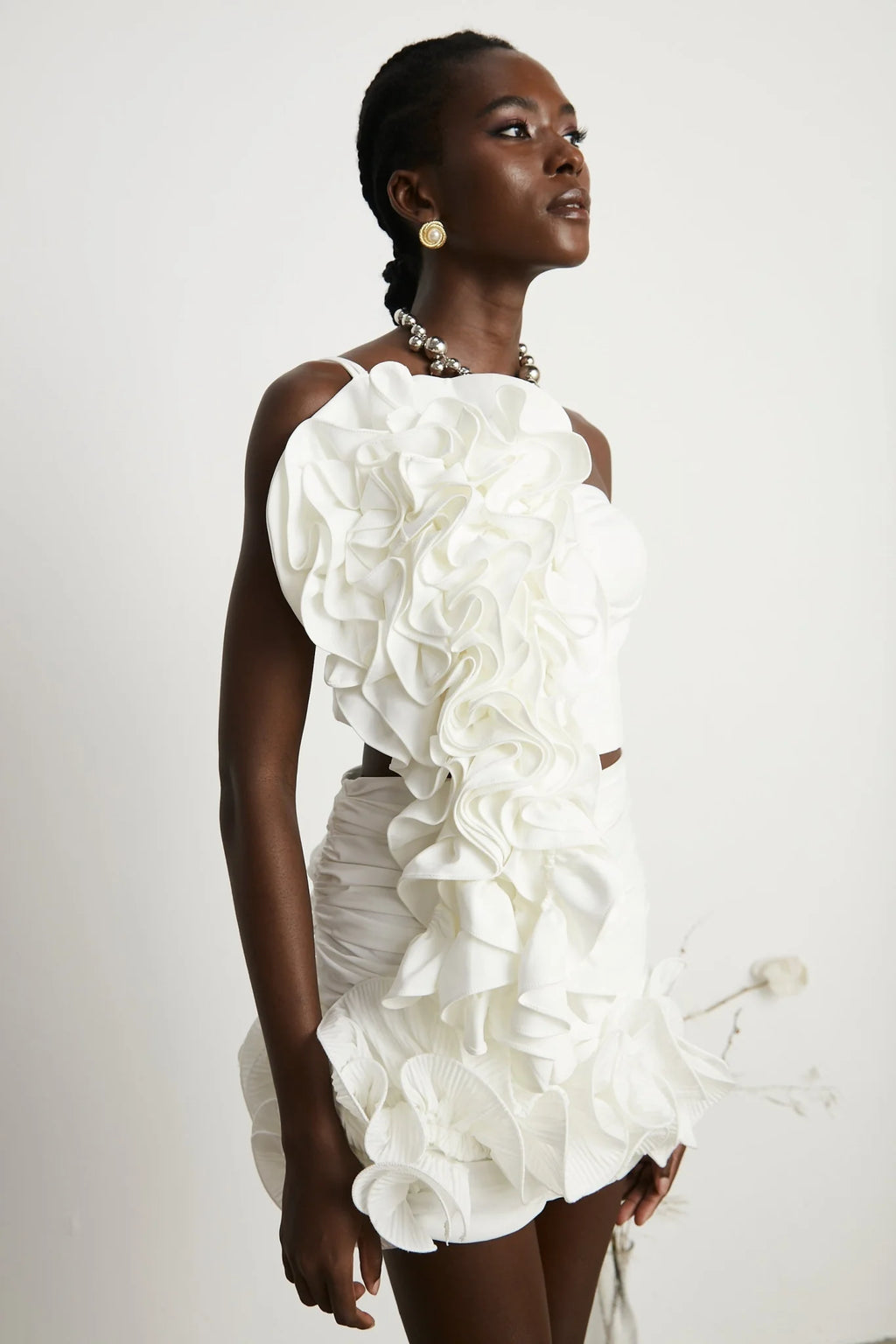 Egle Mini Dress - Ruffled and Ruched Detailing - High - waisted - Asymmetric Design