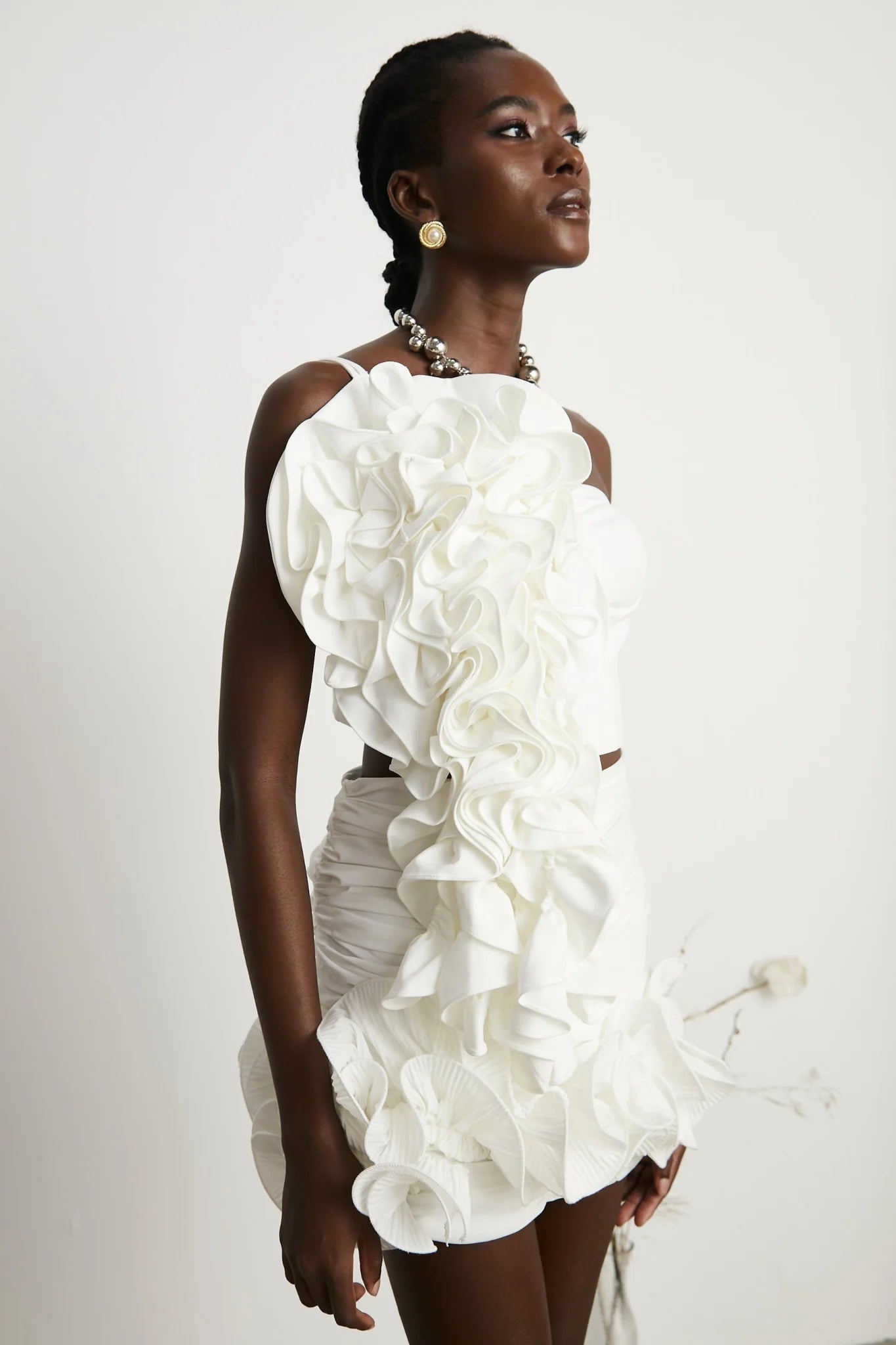 Egle Mini Dress - Ruffled and Ruched Detailing - High - waisted - Asymmetric Design
