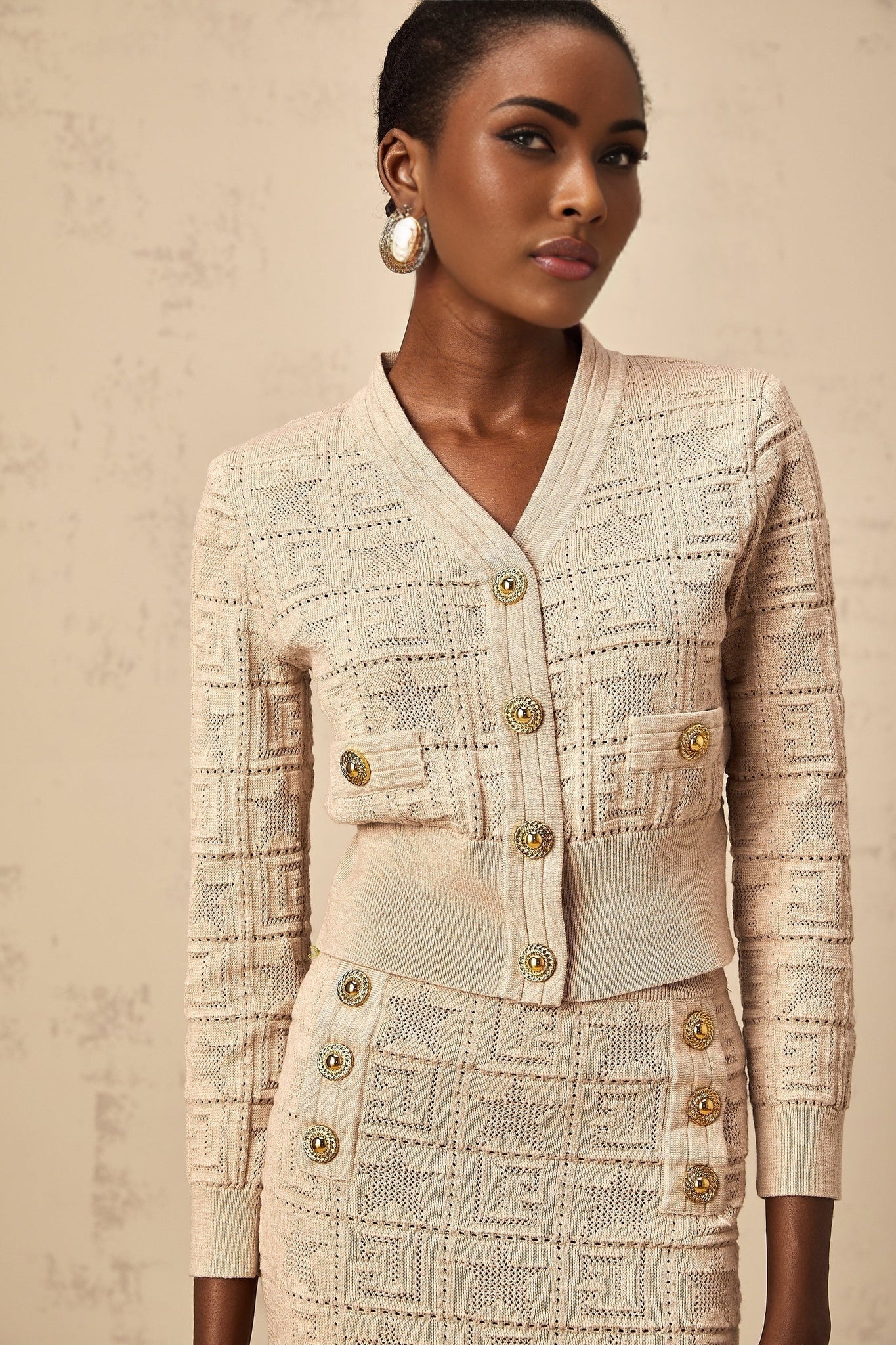 Elaina Cardigan & Skirt - V - Neck Design - Wool Blend - Star Logo Motif - Elasticated Waistband
