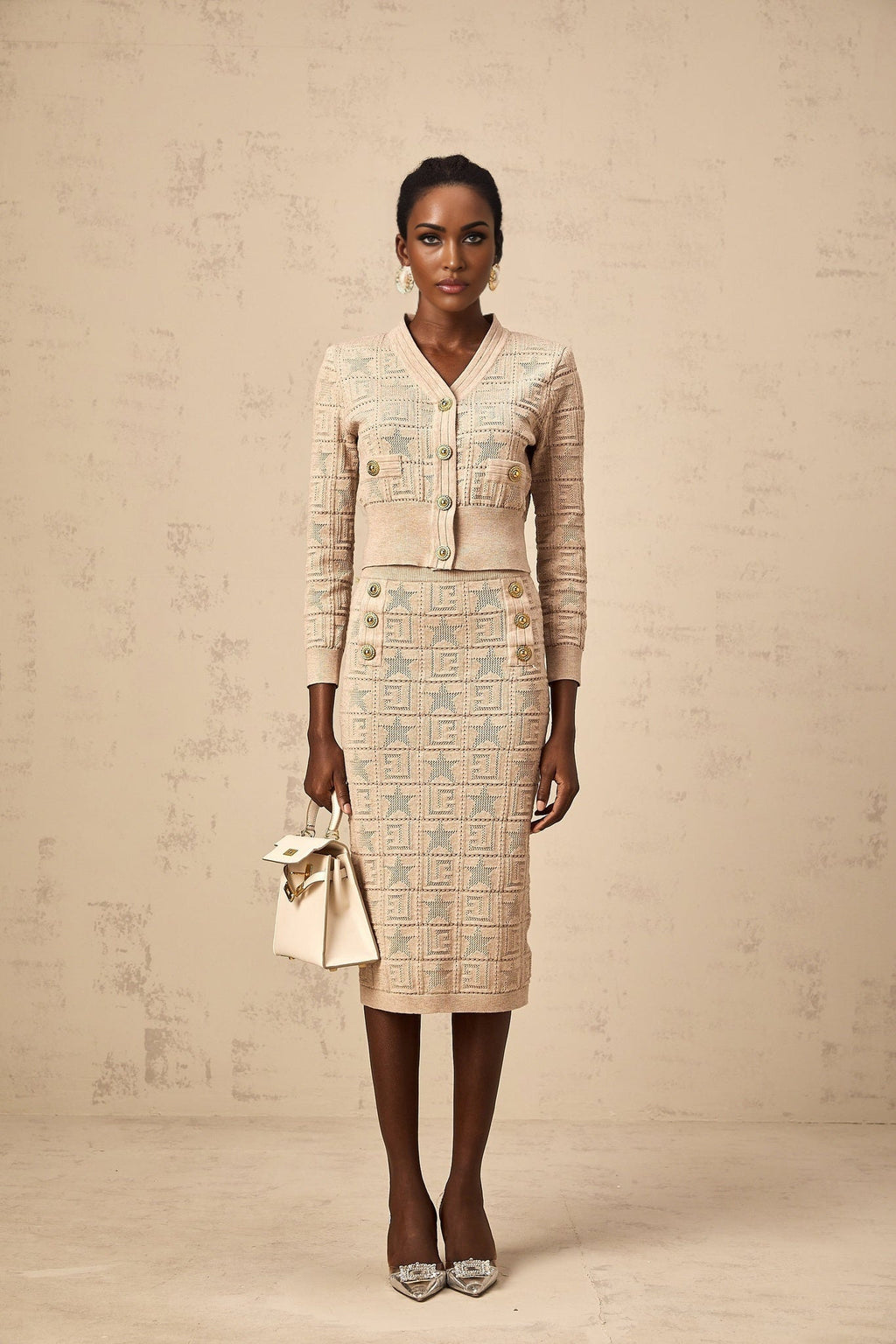Elaina Cardigan & Skirt - V - Neck Design - Wool Blend - Star Logo Motif - Elasticated Waistband