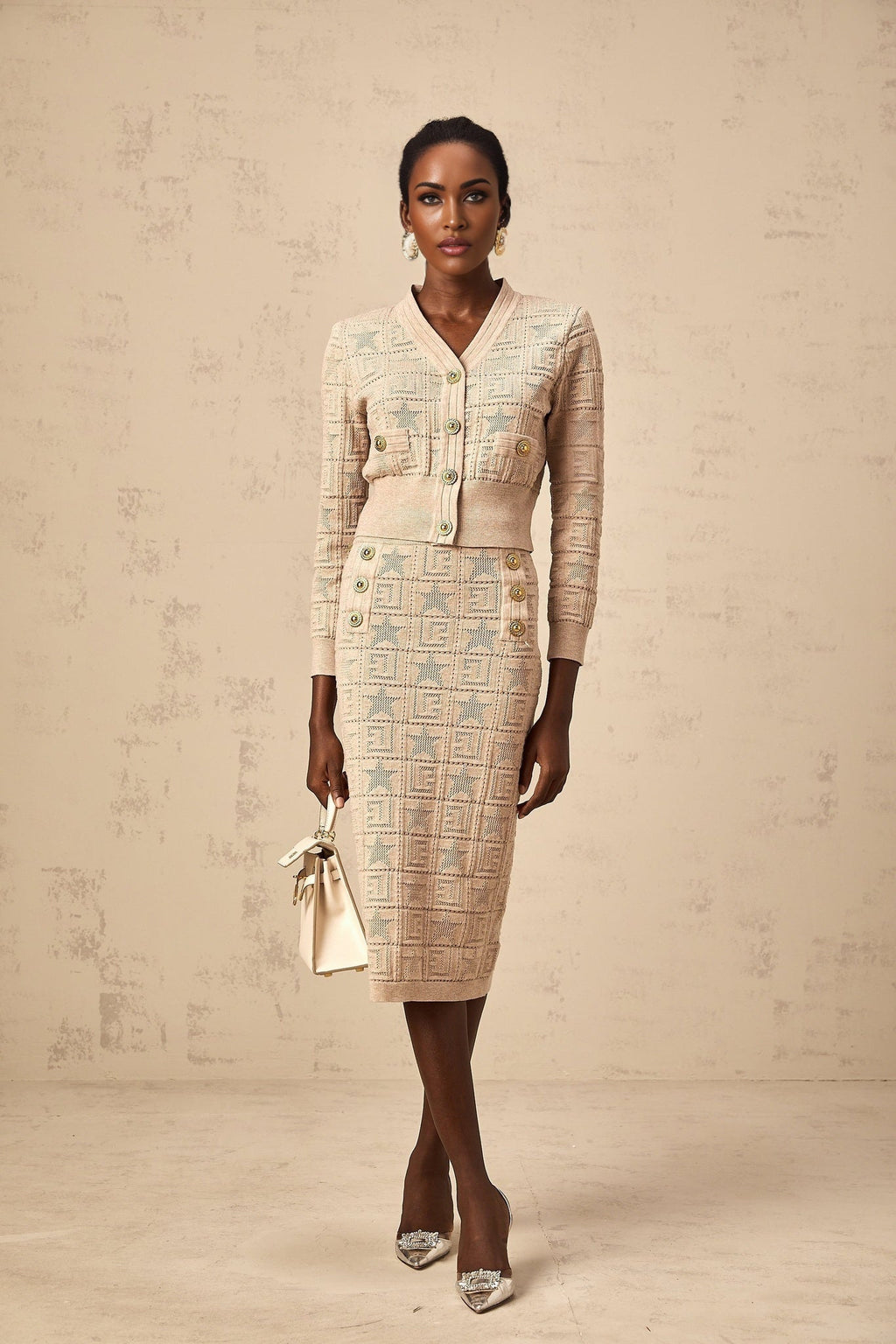 Elaina Cardigan & Skirt - V - Neck Design - Wool Blend - Star Logo Motif - Elasticated Waistband