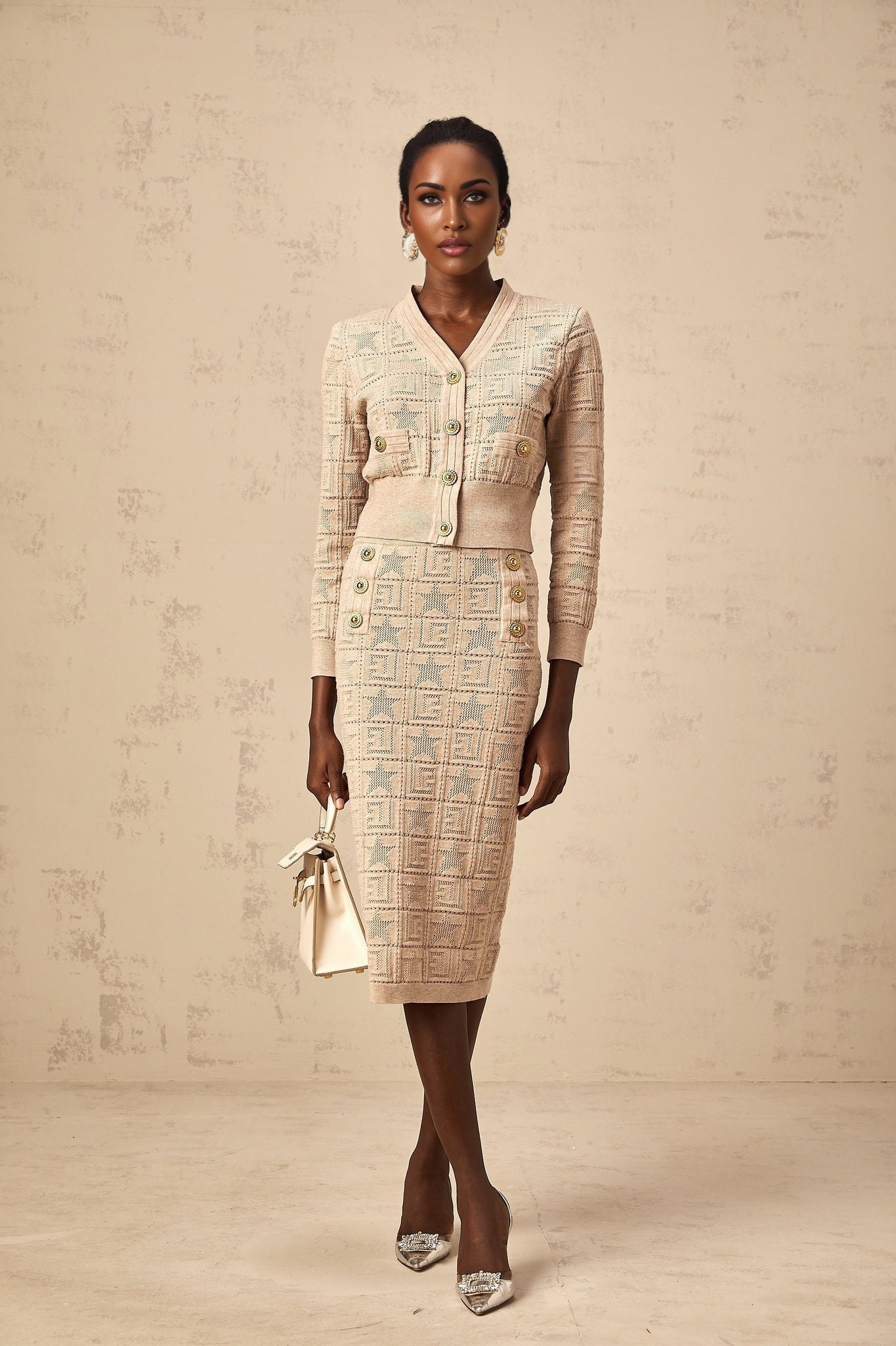 Elaina Cardigan & Skirt - V - Neck Design - Wool Blend - Star Logo Motif - Elasticated Waistband