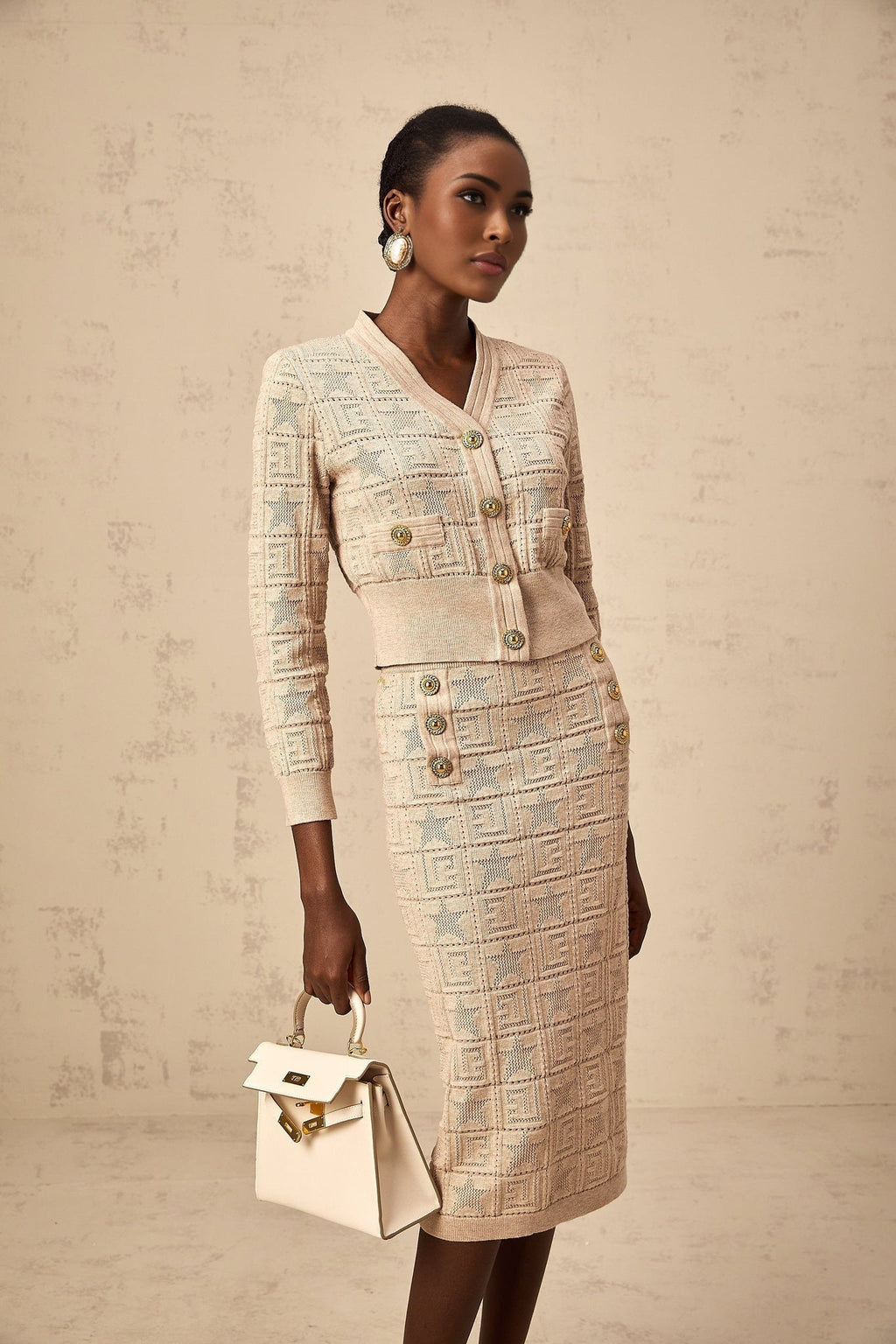 Elaina Cardigan & Skirt - V - Neck Design - Wool Blend - Star Logo Motif - Elasticated Waistband