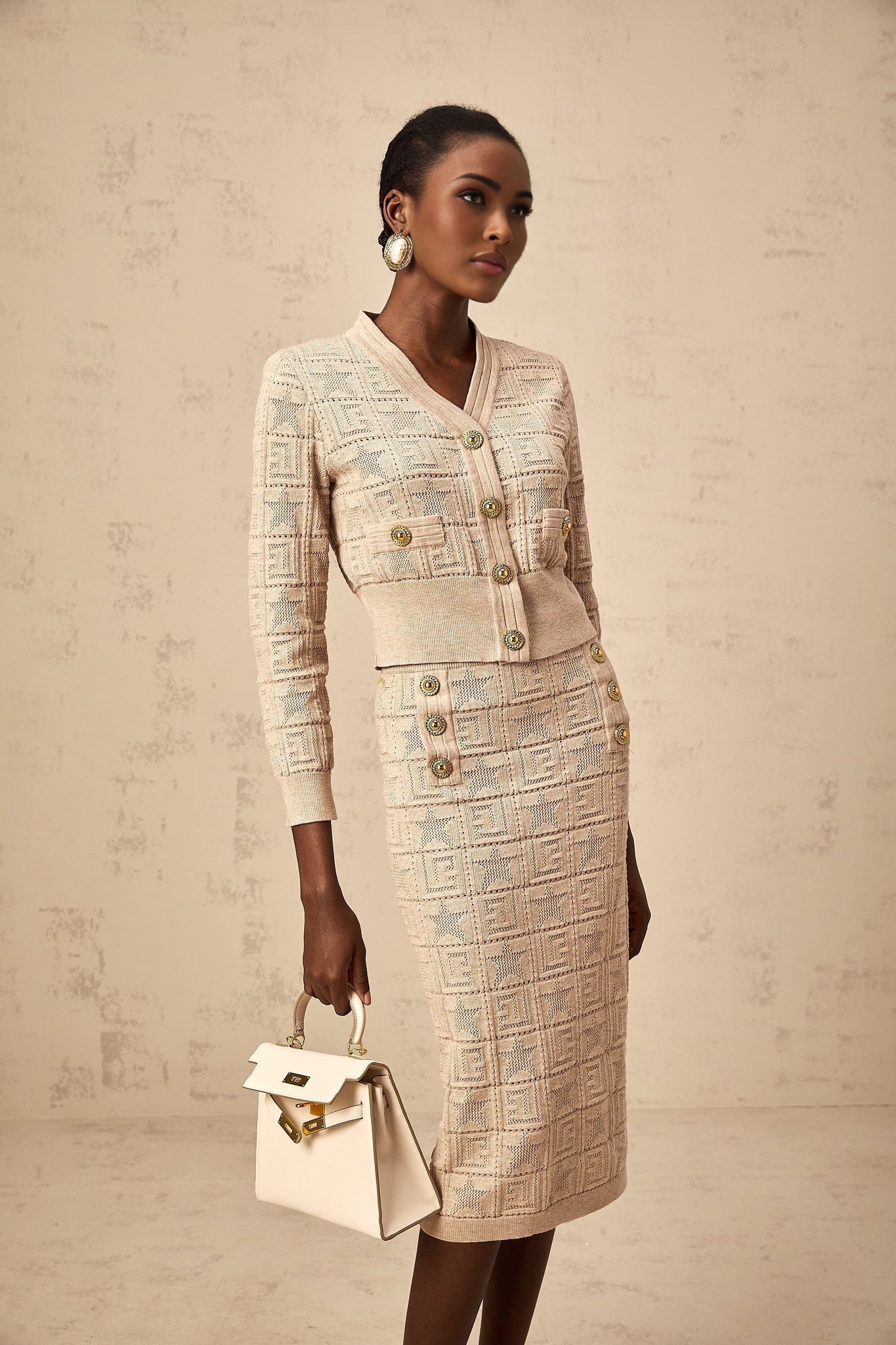 Elaina Cardigan & Skirt - V - Neck Design - Wool Blend - Star Logo Motif - Elasticated Waistband
