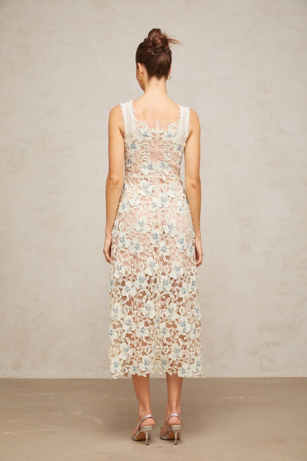 Elaina Midi Dress - Square Neck - Sleeveless - Floral Lace - Front Slit - Crystal Buttons