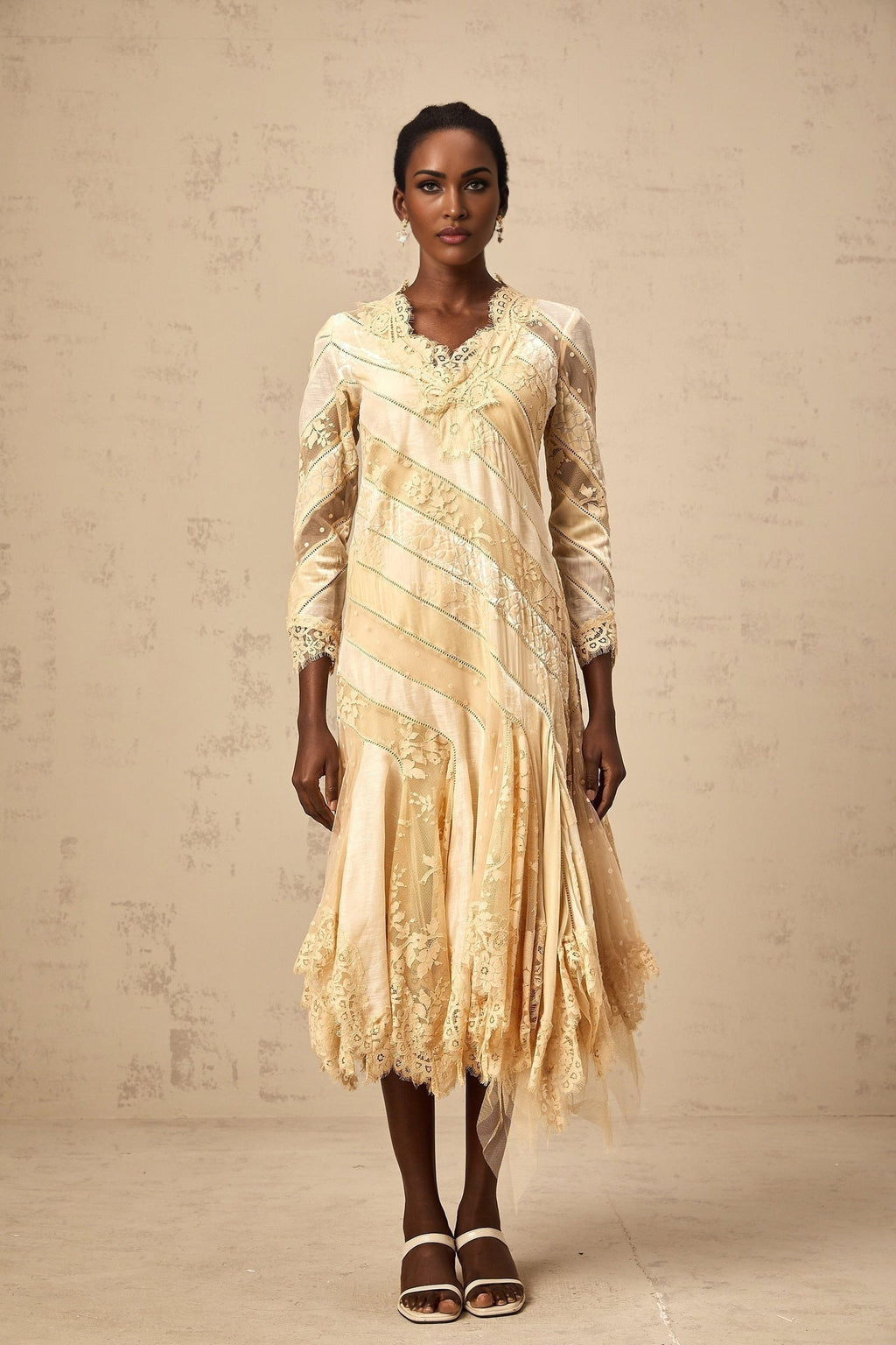 Elaina Midi Dress - V - neck - Panelled Design - Asymmetric Flared Hem - Diagonal Stripe Pattern - Lace Detailing