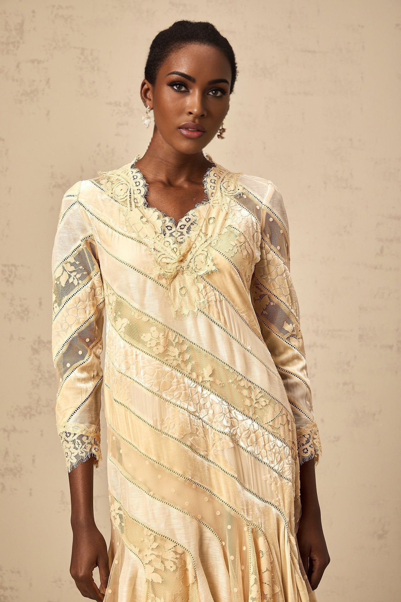 Elaina Midi Dress - V - neck - Panelled Design - Asymmetric Flared Hem - Diagonal Stripe Pattern - Lace Detailing