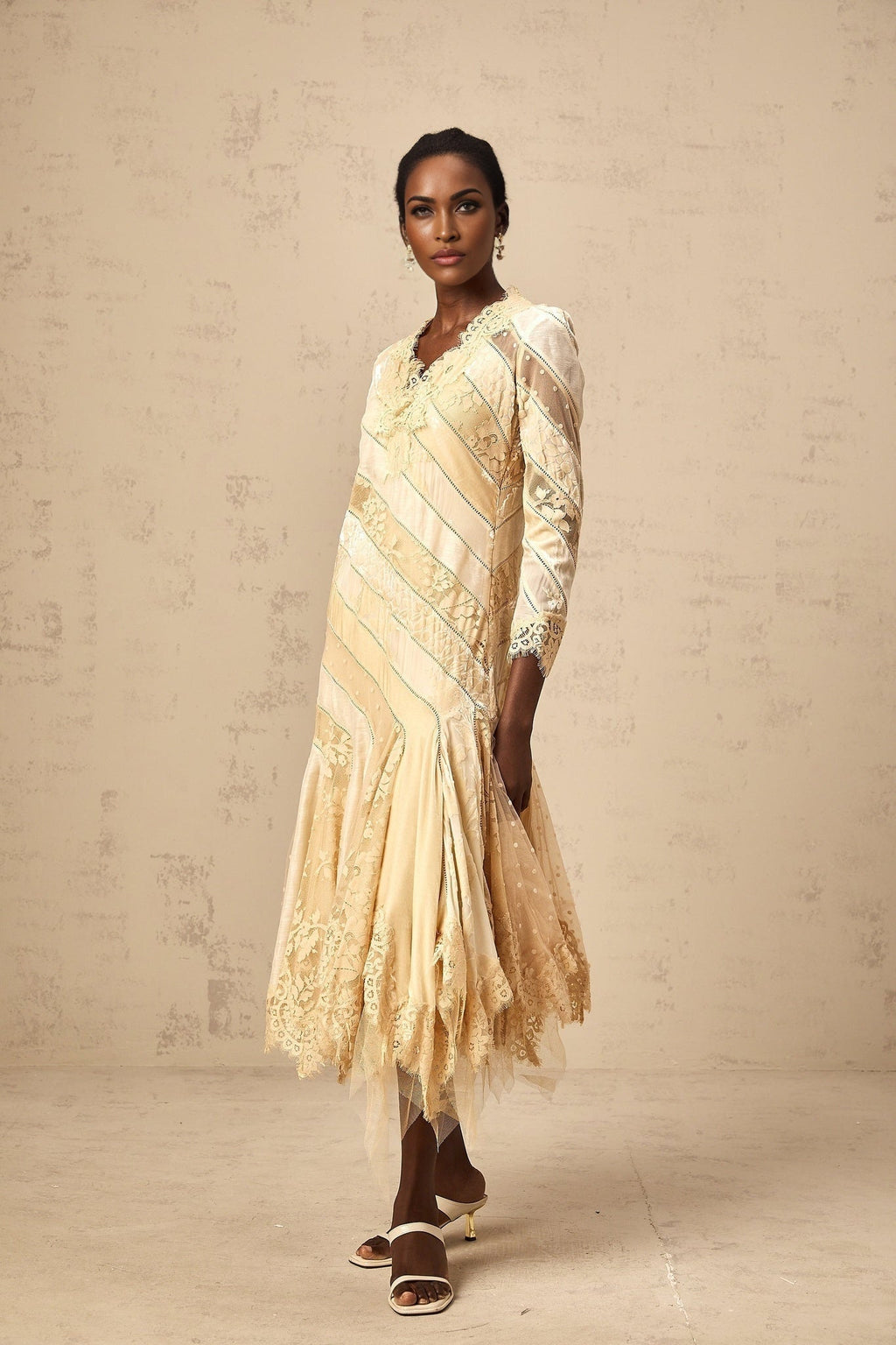 Elaina Midi Dress - V - neck - Panelled Design - Asymmetric Flared Hem - Diagonal Stripe Pattern - Lace Detailing