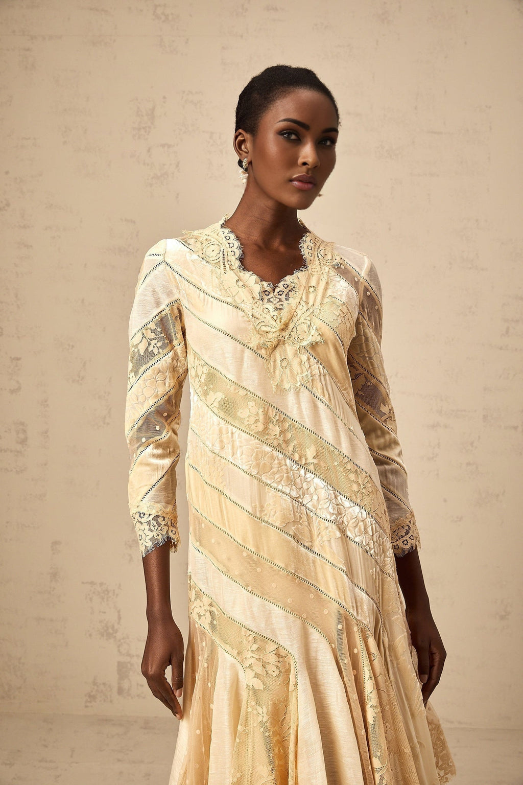 Elaina Midi Dress - V - neck - Panelled Design - Asymmetric Flared Hem - Diagonal Stripe Pattern - Lace Detailing