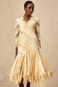 Elaina Midi Dress - V - neck - Panelled Design - Asymmetric Flared Hem - Diagonal Stripe Pattern - Lace Detailing
