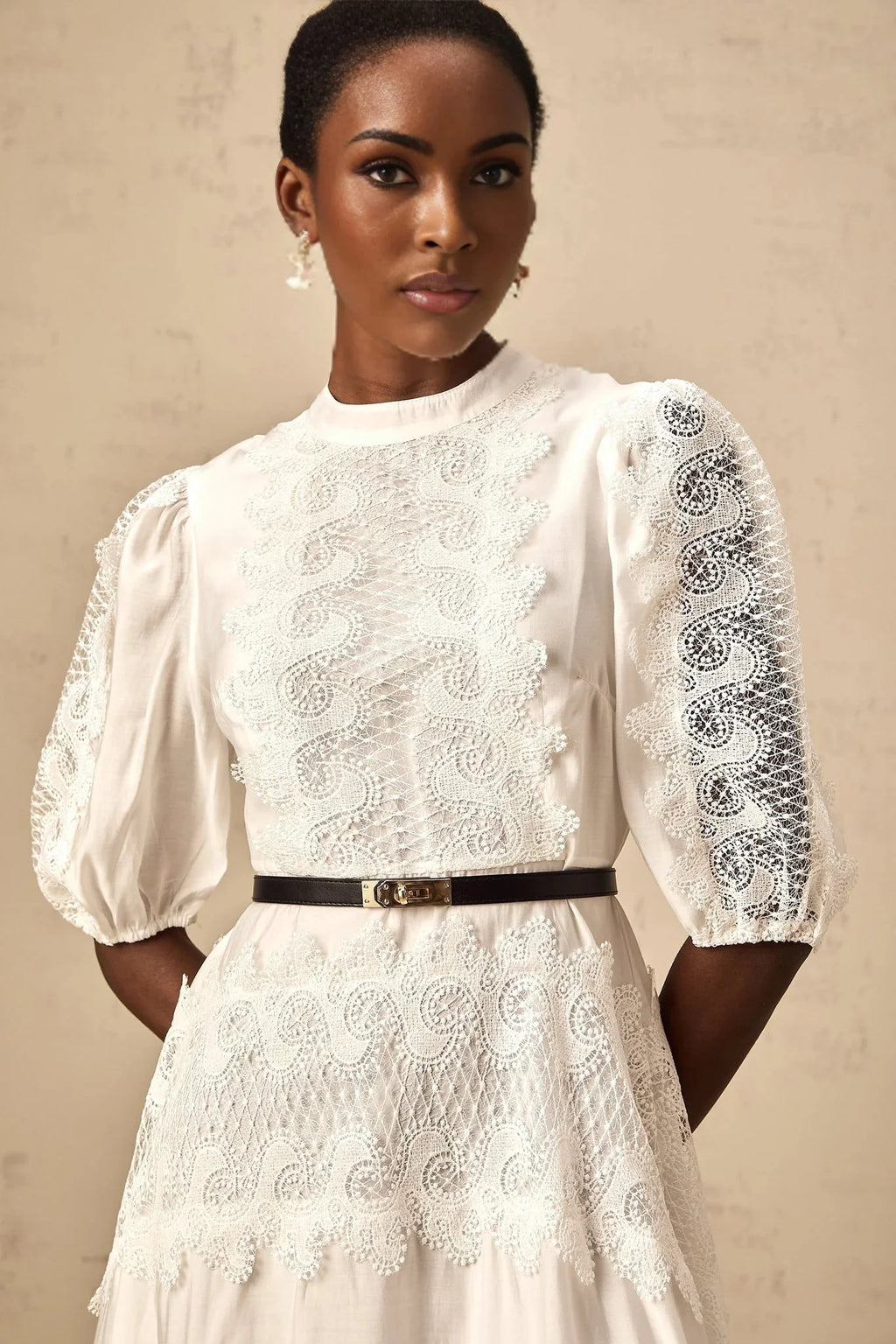 Elaina Midi Dress White Lace - Trim Panelled & Belted