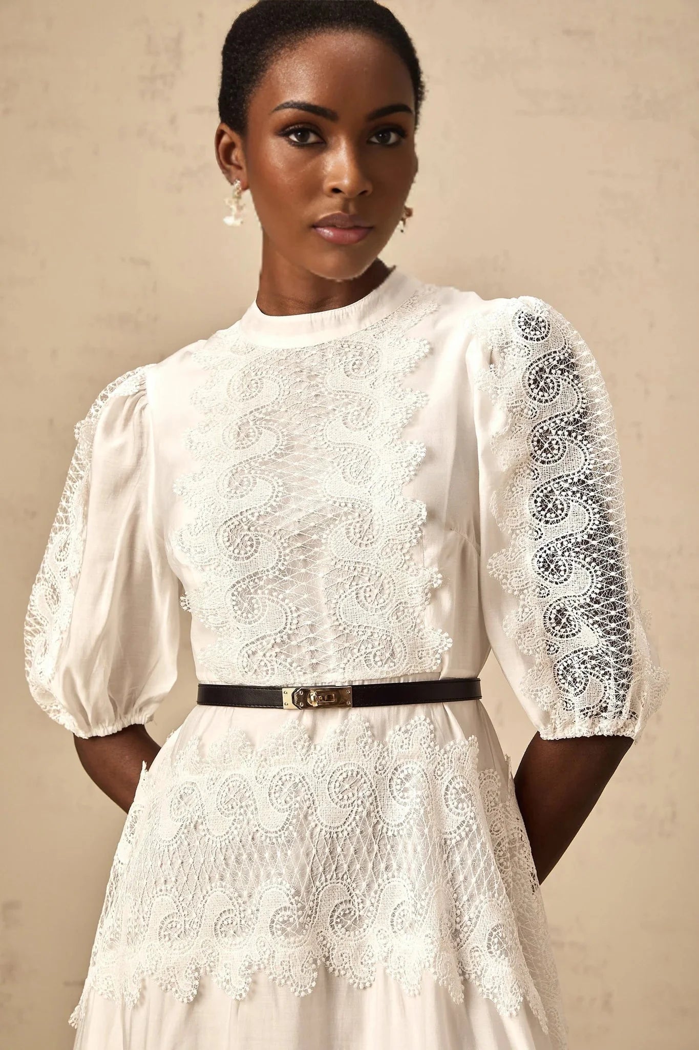 Elaina Midi Dress White Lace - Trim Panelled & Belted