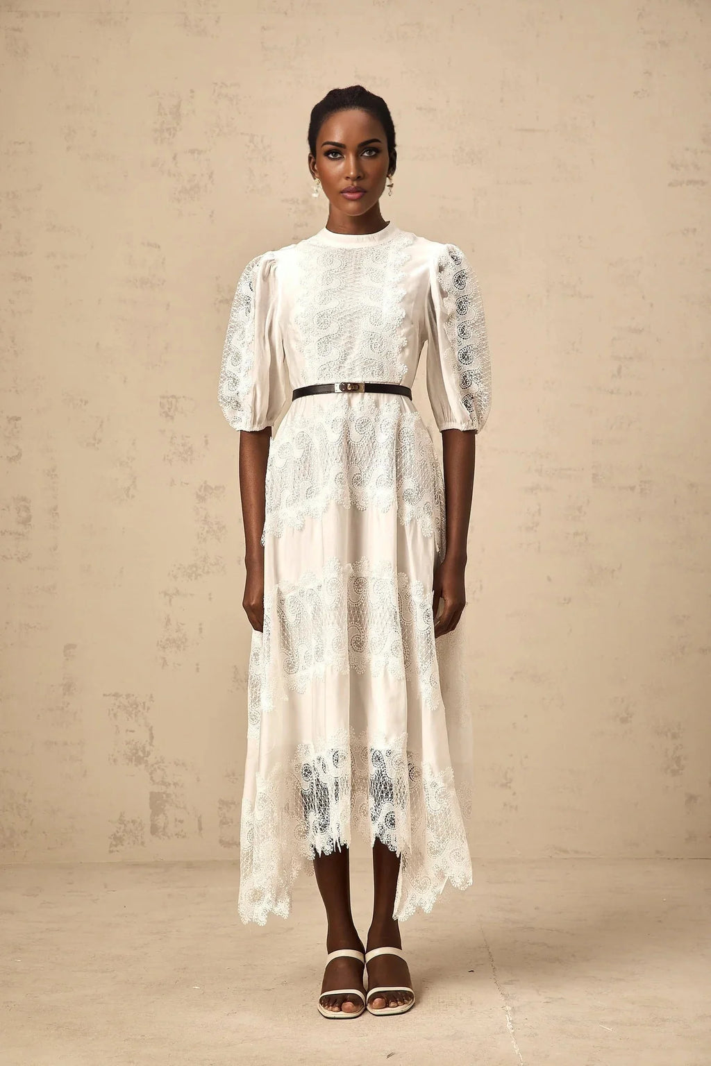Elaina Midi Dress White Lace - Trim Panelled & Belted