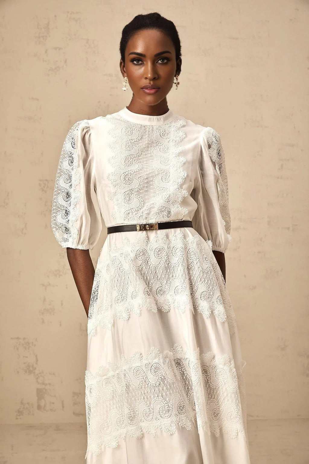 Elaina Midi Dress White Lace - Trim Panelled & Belted