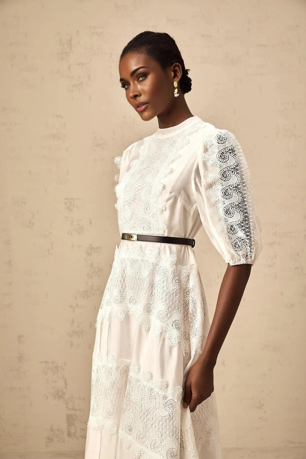 Elaina Midi Dress White Lace - Trim Panelled & Belted