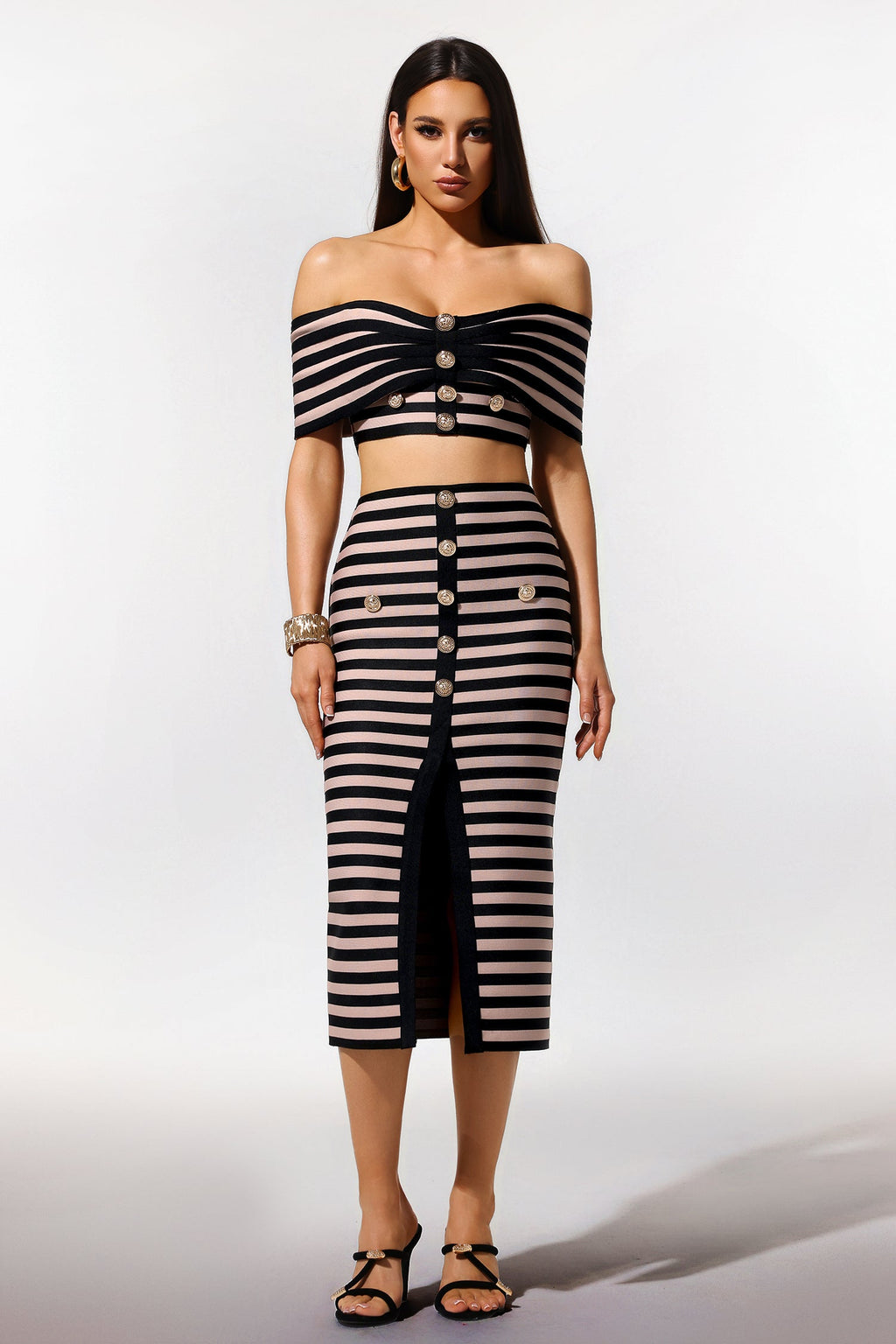 Elda Beige Striped Off-the-Shoulder Bodycon Dress with Button Detailing