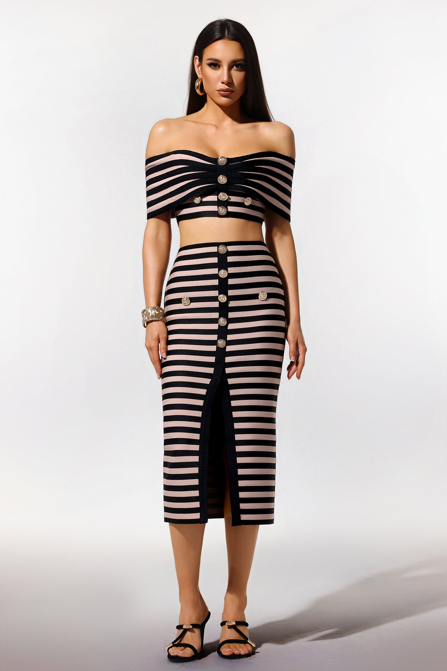 Elda Beige Striped Off-the-Shoulder Bodycon Dress with Button Detailing