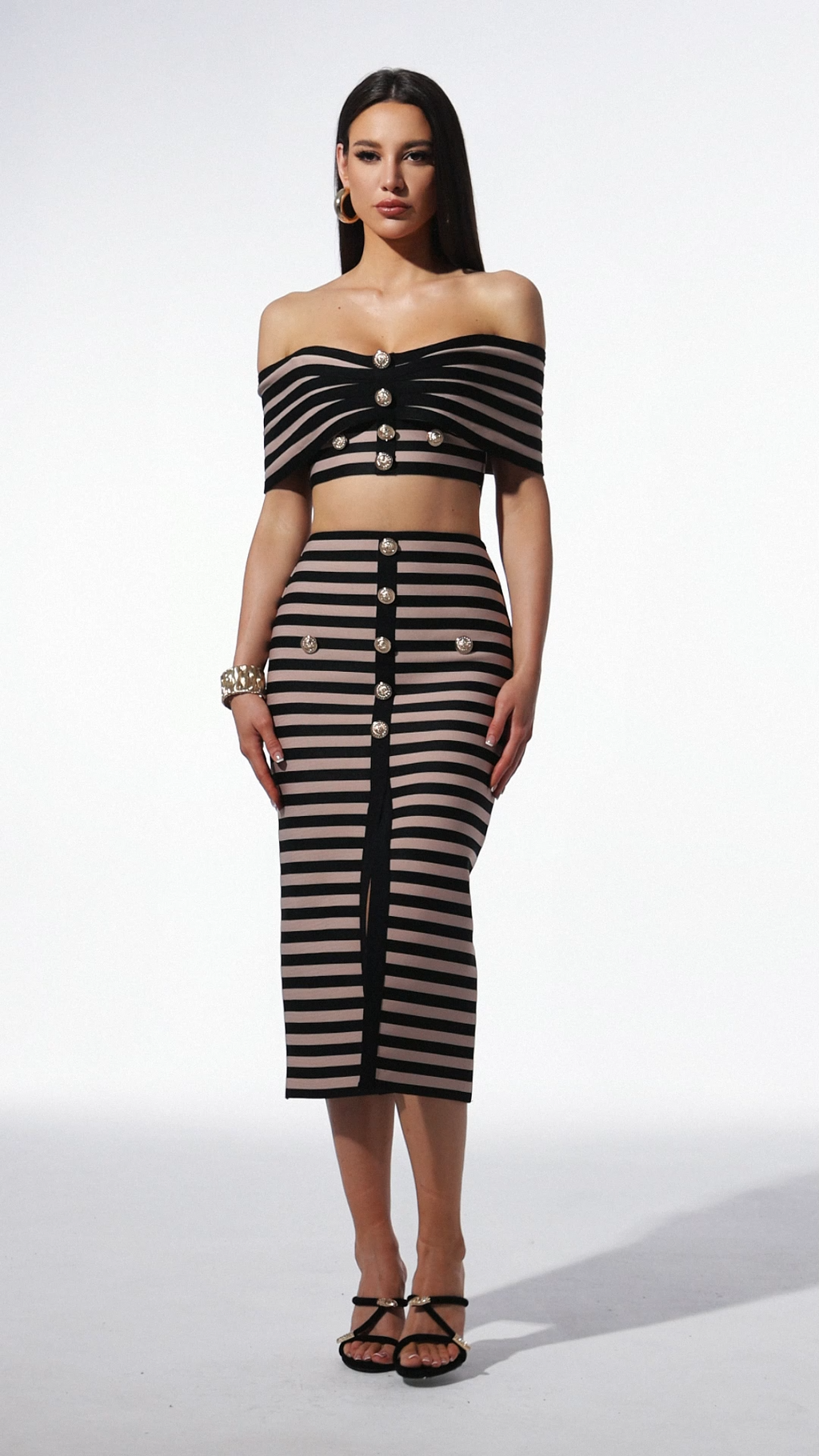 Elda Beige Striped Off-the-Shoulder Bodycon Dress with Button Detailing