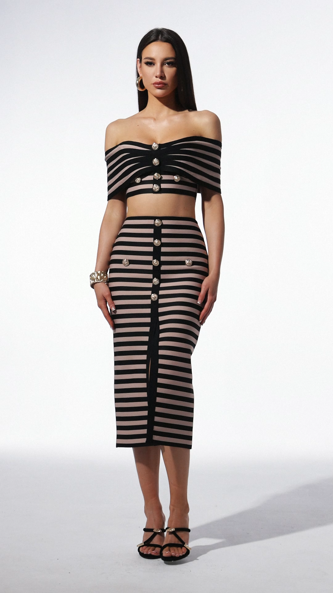 Elda Beige Striped Off-the-Shoulder Bodycon Dress with Button Detailing