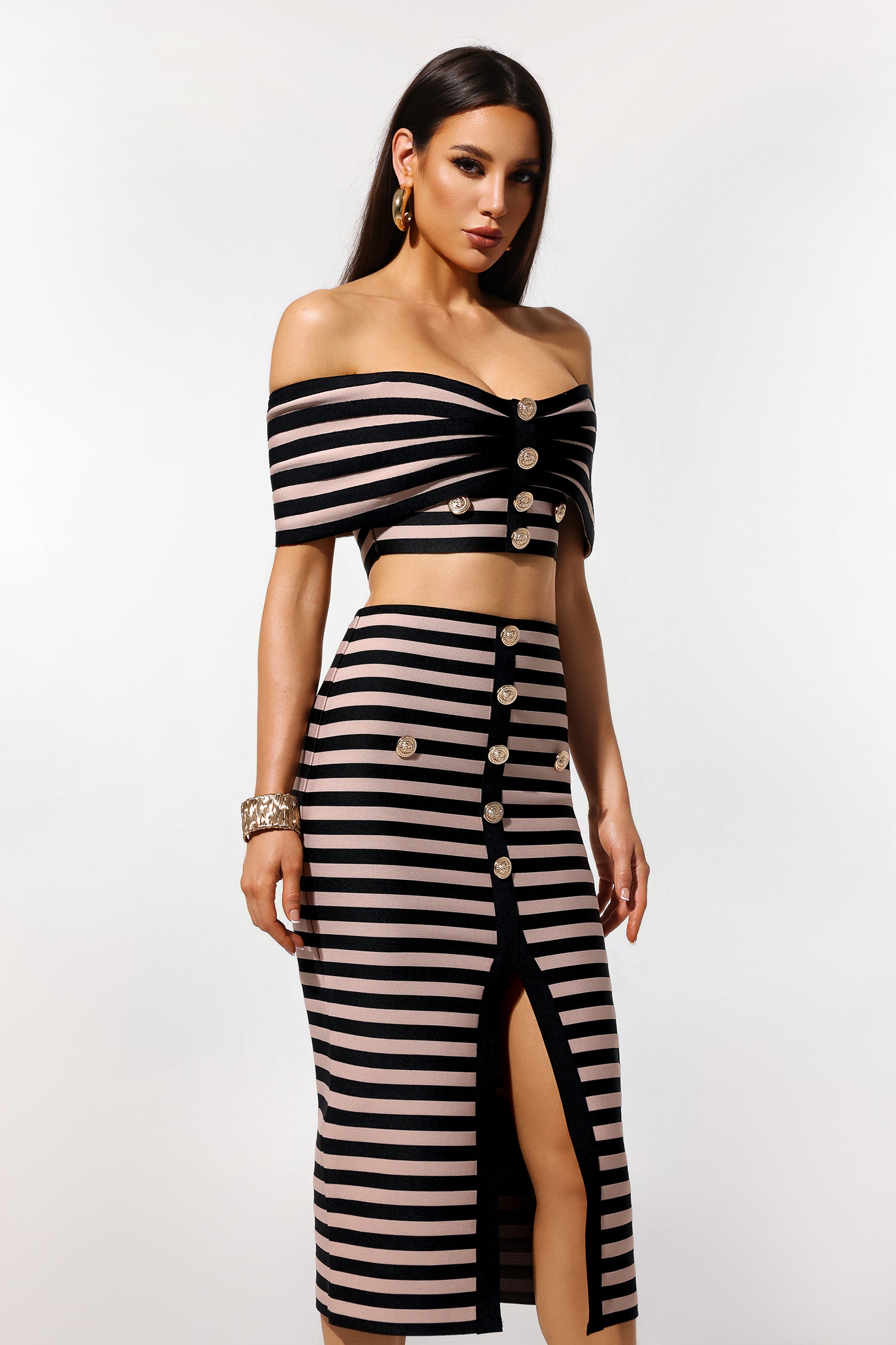 Elda Beige Striped Off-the-Shoulder Bodycon Dress