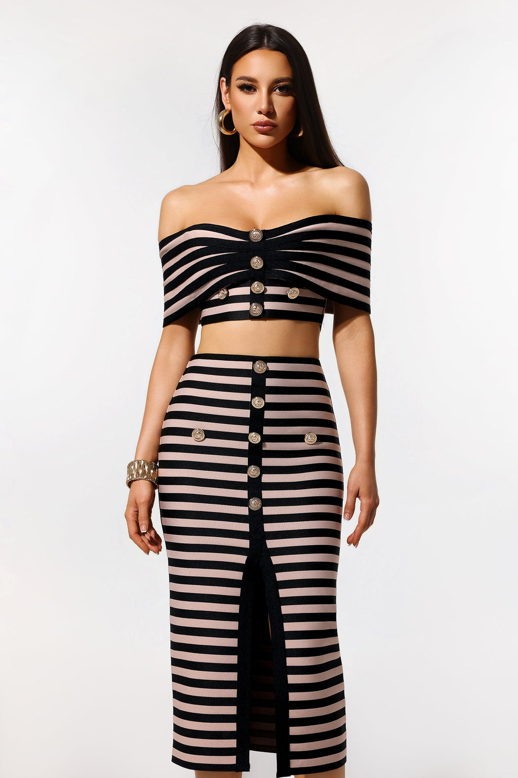 Elda Beige Striped Off-the-Shoulder Bodycon Dress with Button Detailing