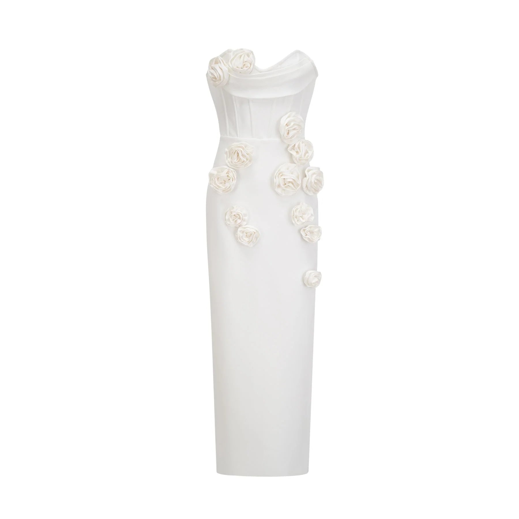 Elda Floral Midi Dress - Off - Shoulder Corset Style - Faux - Flower Accents - Rear Zip Fastening & Slit