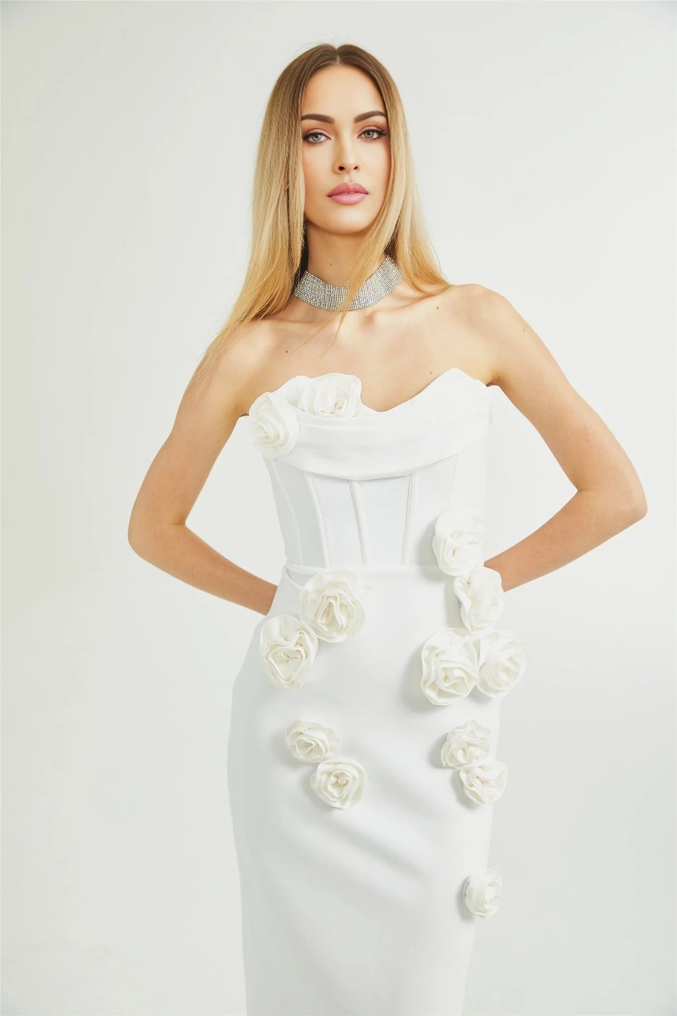 Elda Floral Midi Dress - Off - Shoulder Corset Style - Faux - Flower Accents - Rear Zip Fastening & Slit