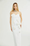 Elda Floral Midi Dress - Off - Shoulder Corset Style - Faux - Flower Accents - Rear Zip Fastening & Slit