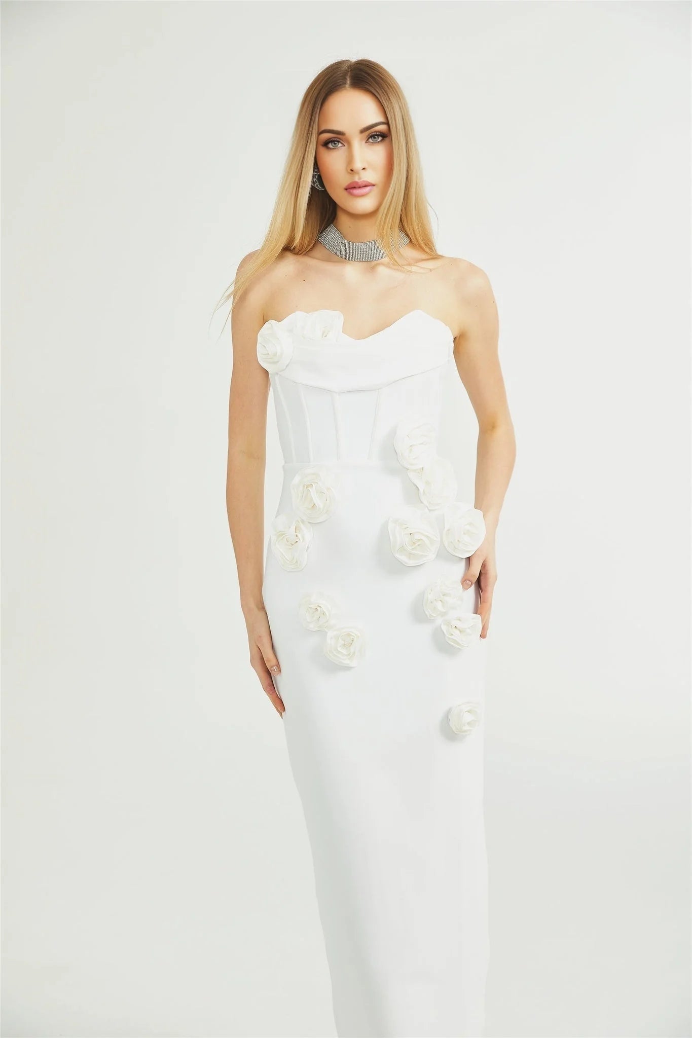 Elda Floral Midi Dress - Off - Shoulder Corset Style - Faux - Flower Accents - Rear Zip Fastening & Slit