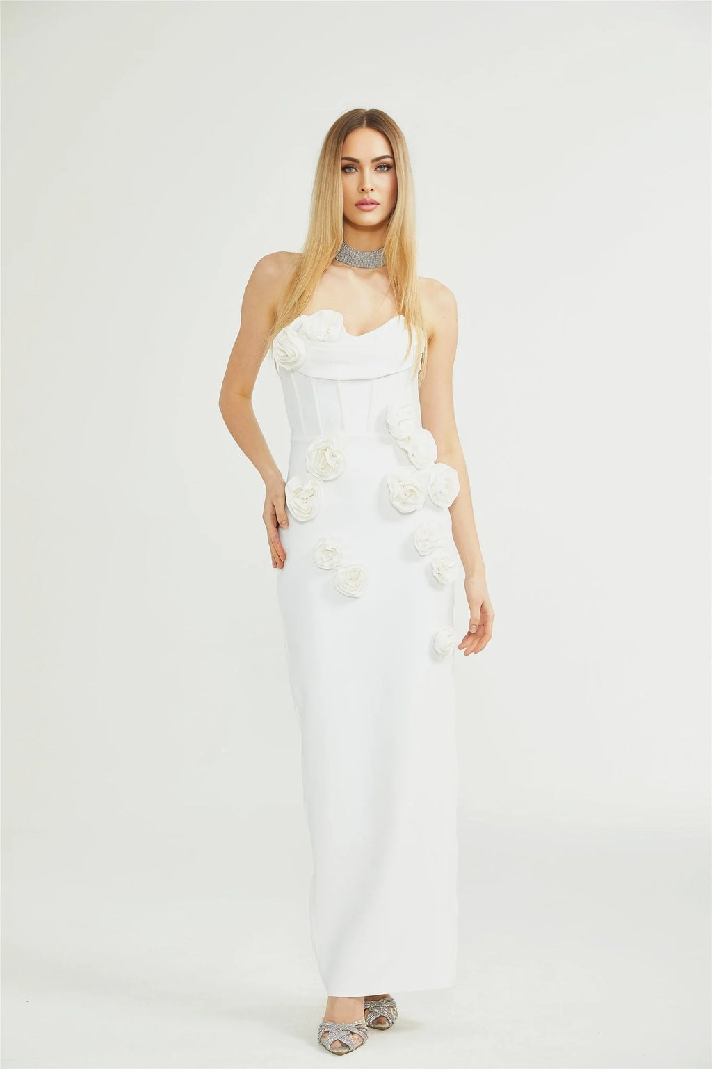 Elda Floral Midi Dress - Off - Shoulder Corset Style - Faux - Flower Accents - Rear Zip Fastening & Slit