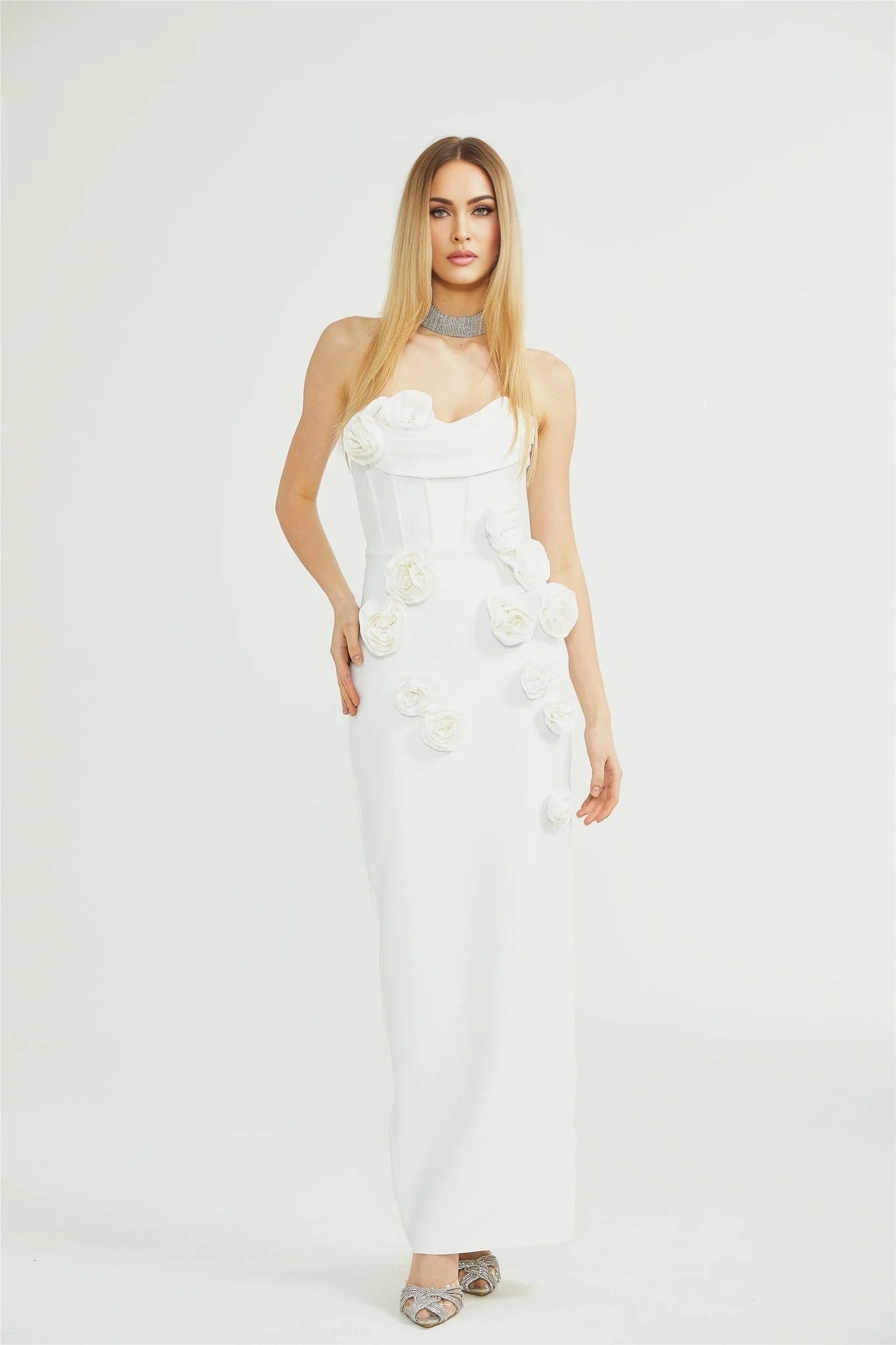 Elda Floral Midi Dress - Off - Shoulder Corset Style - Faux - Flower Accents - Rear Zip Fastening & Slit