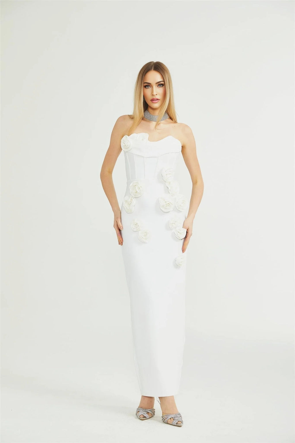 Elda Floral Midi Dress - Off - Shoulder Corset Style - Faux - Flower Accents - Rear Zip Fastening & Slit