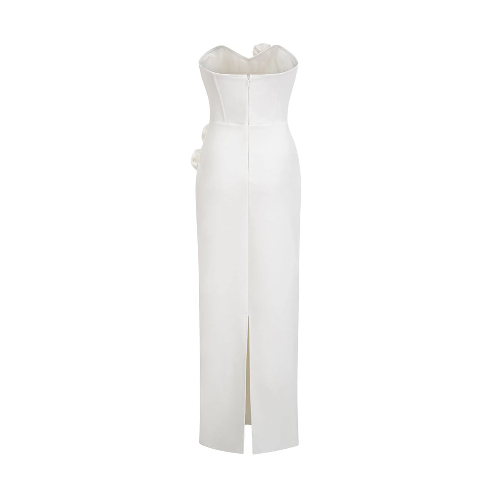 Elda Floral Midi Dress - Off - Shoulder Corset Style - Faux - Flower Accents - Rear Zip Fastening & Slit