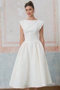 Elda Midi Dress - Cap Sleeves - Cinched Waist - Open Back - Pleated Detailing
