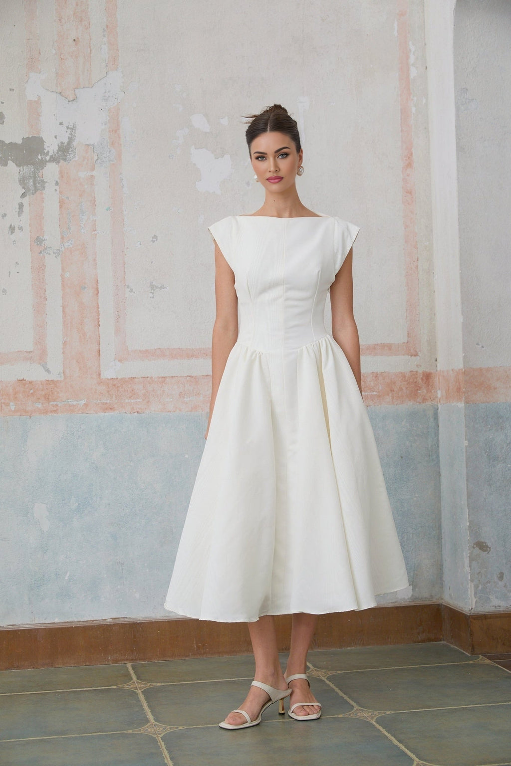 Elda Midi Dress - Cap Sleeves - Cinched Waist - Open Back - Pleated Detailing