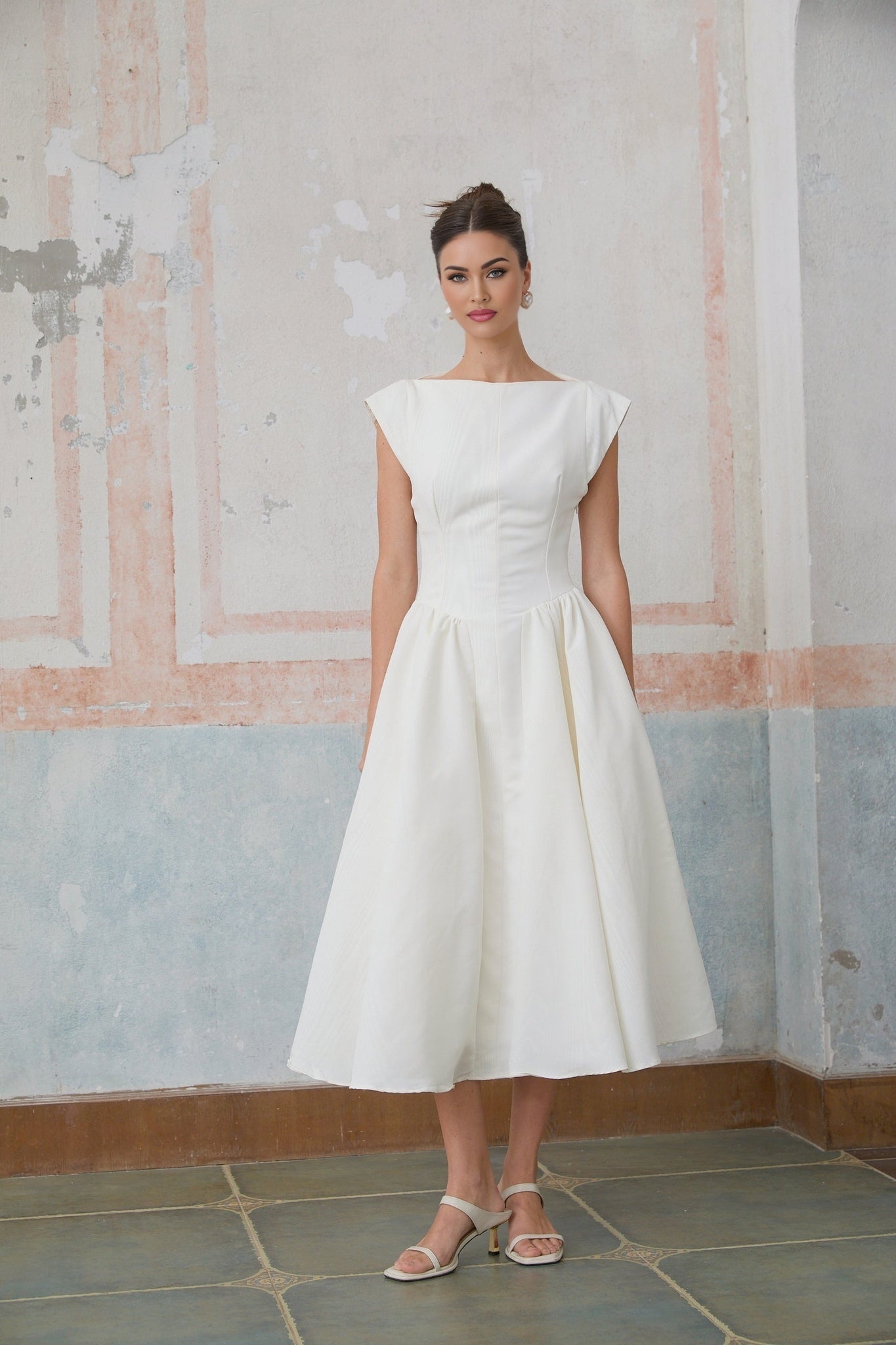 Elda Midi Dress - Cap Sleeves - Cinched Waist - Open Back - Pleated Detailing