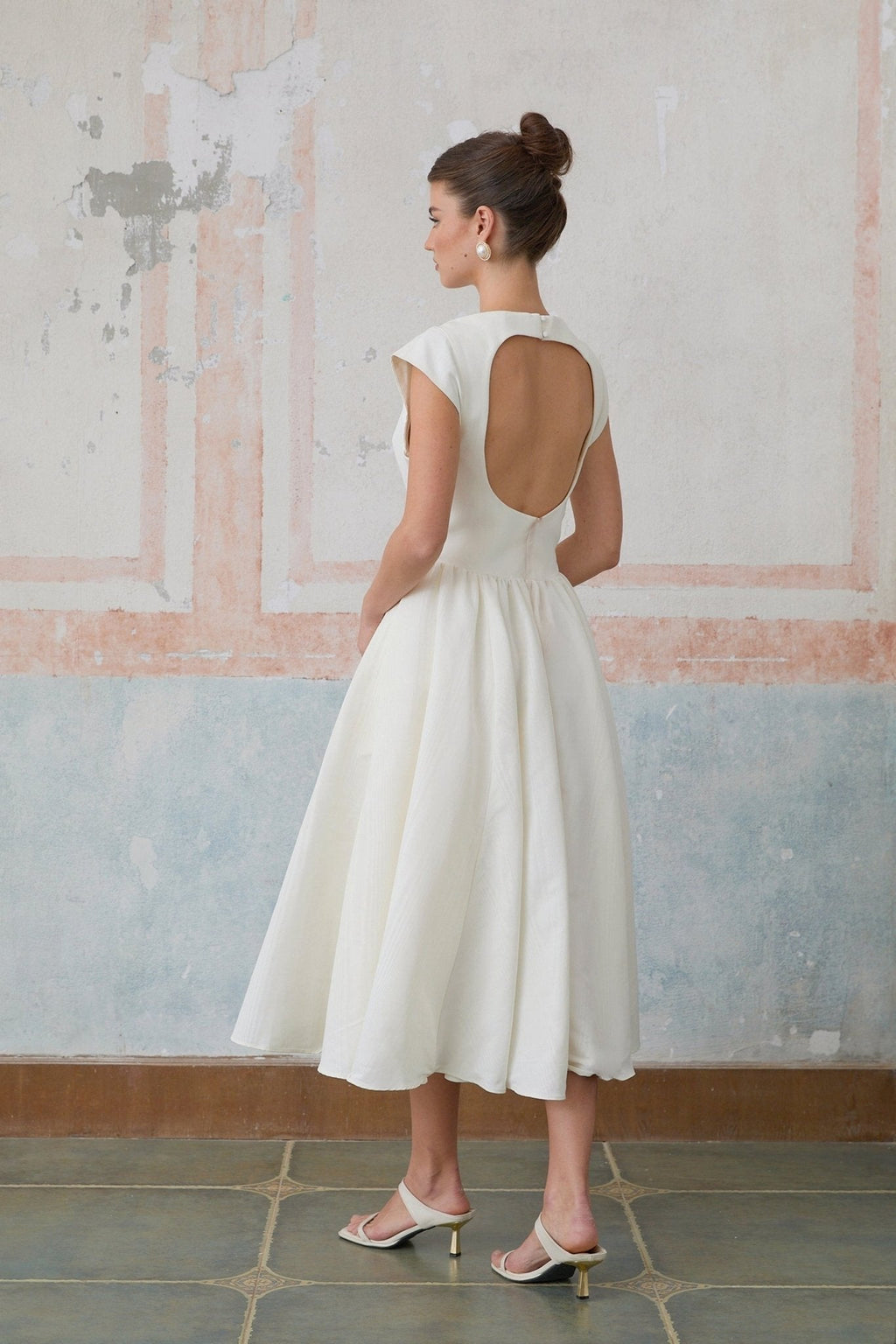 Elda Midi Dress - Cap Sleeves - Cinched Waist - Open Back - Pleated Detailing