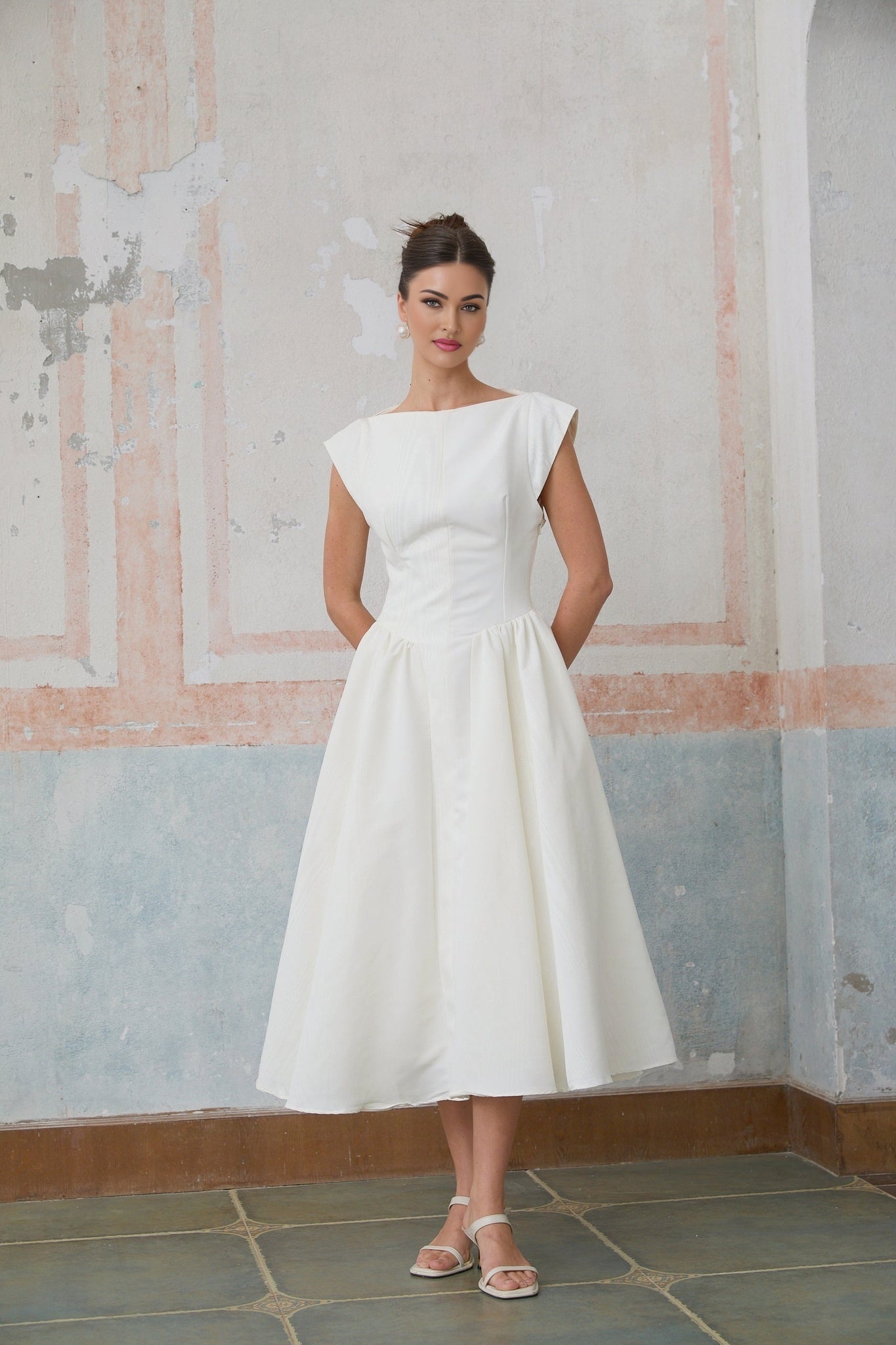 Elda Midi Dress - Cap Sleeves - Cinched Waist - Open Back - Pleated Detailing