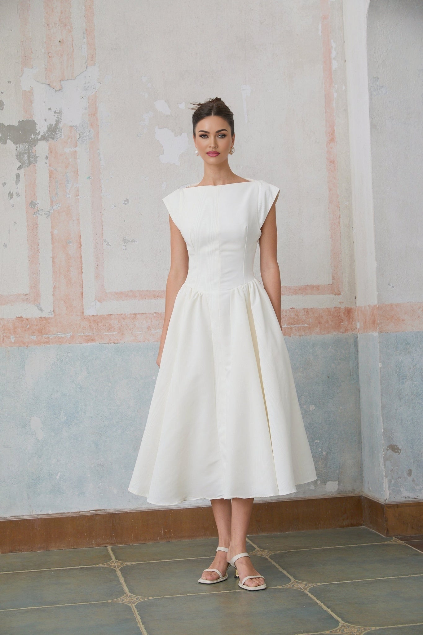 Elda Midi Dress - Cap Sleeves - Cinched Waist - Open Back - Pleated Detailing