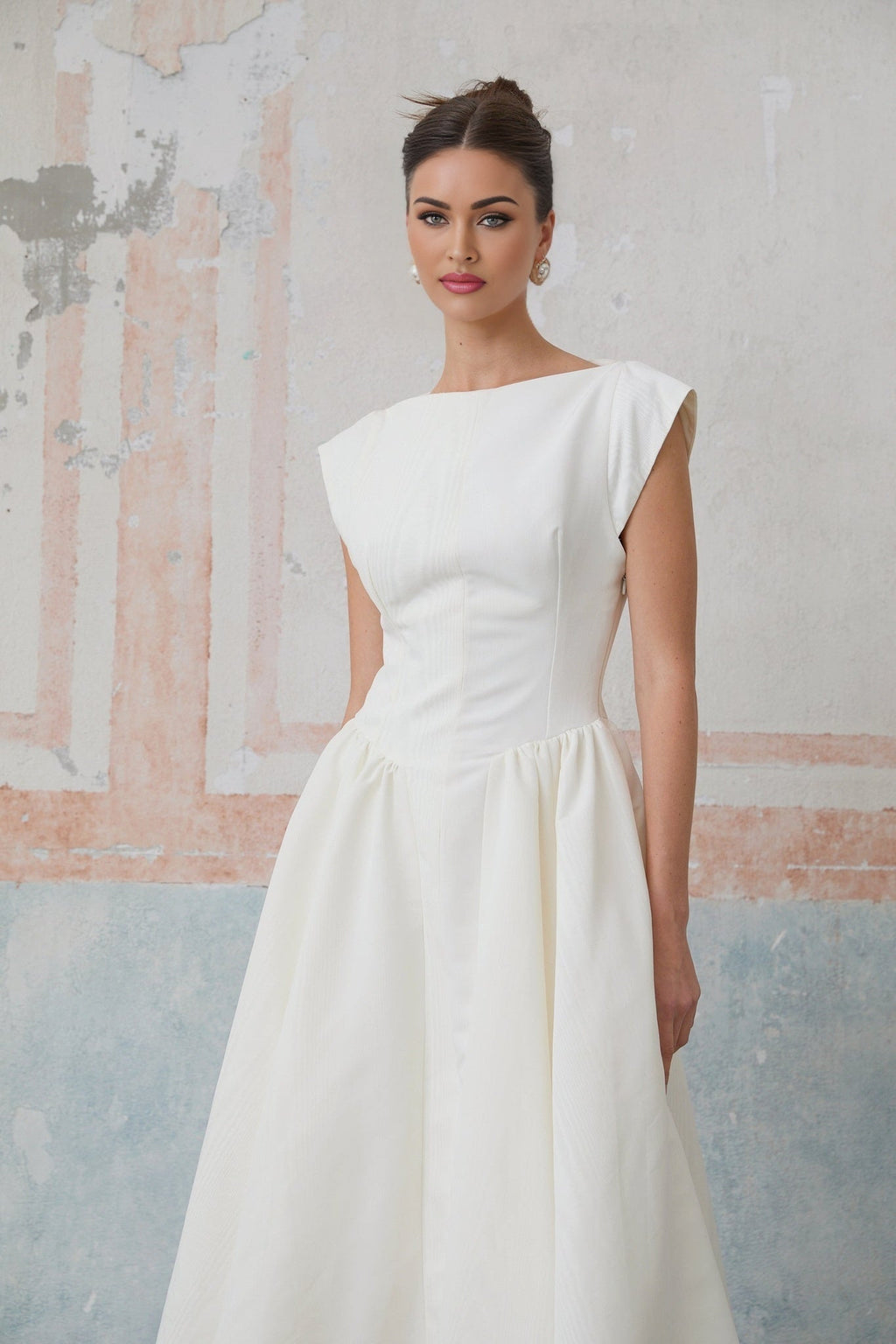 Elda Midi Dress - Cap Sleeves - Cinched Waist - Open Back - Pleated Detailing