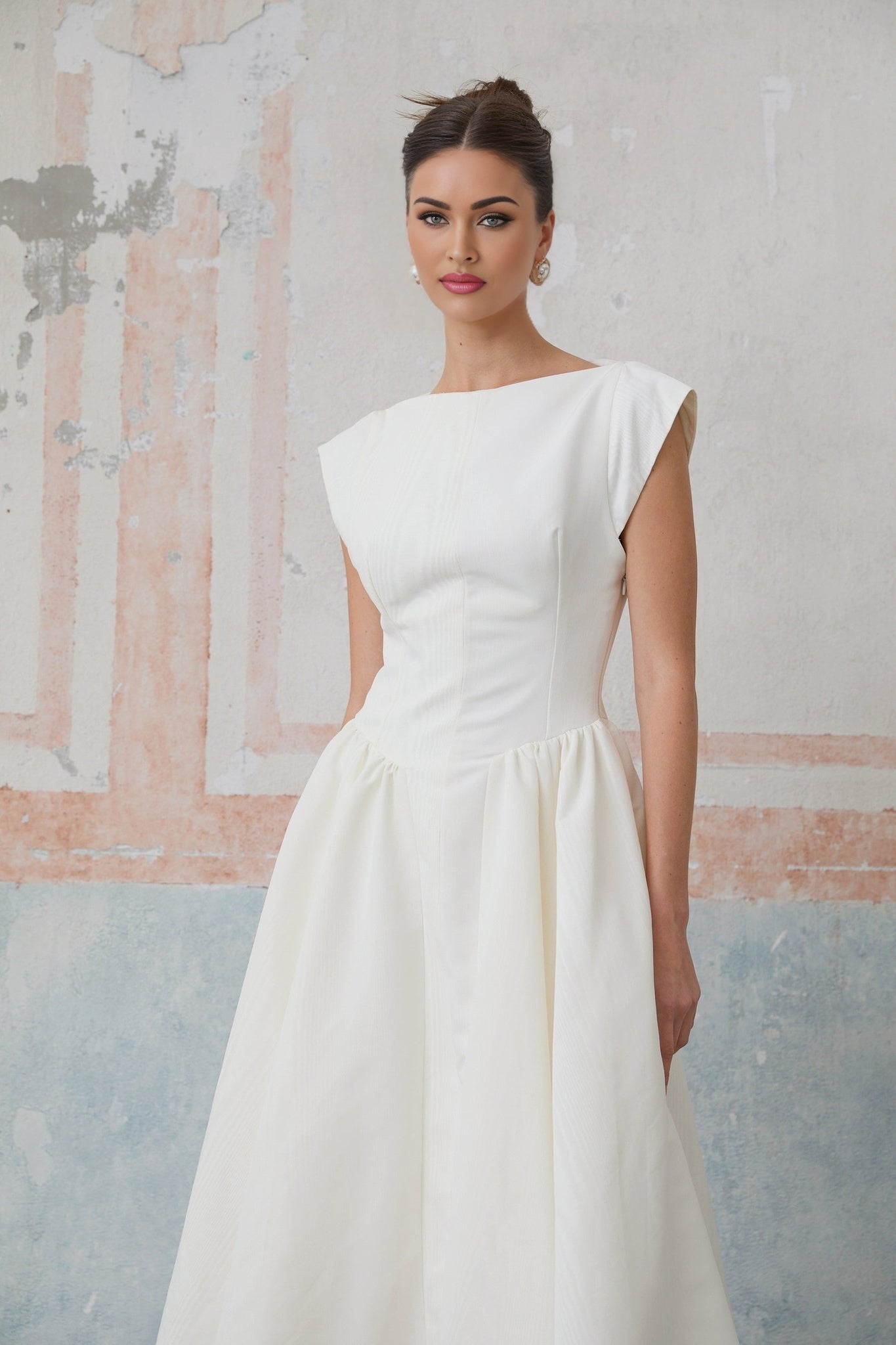 Elda Midi Dress - Cap Sleeves - Cinched Waist - Open Back - Pleated Detailing