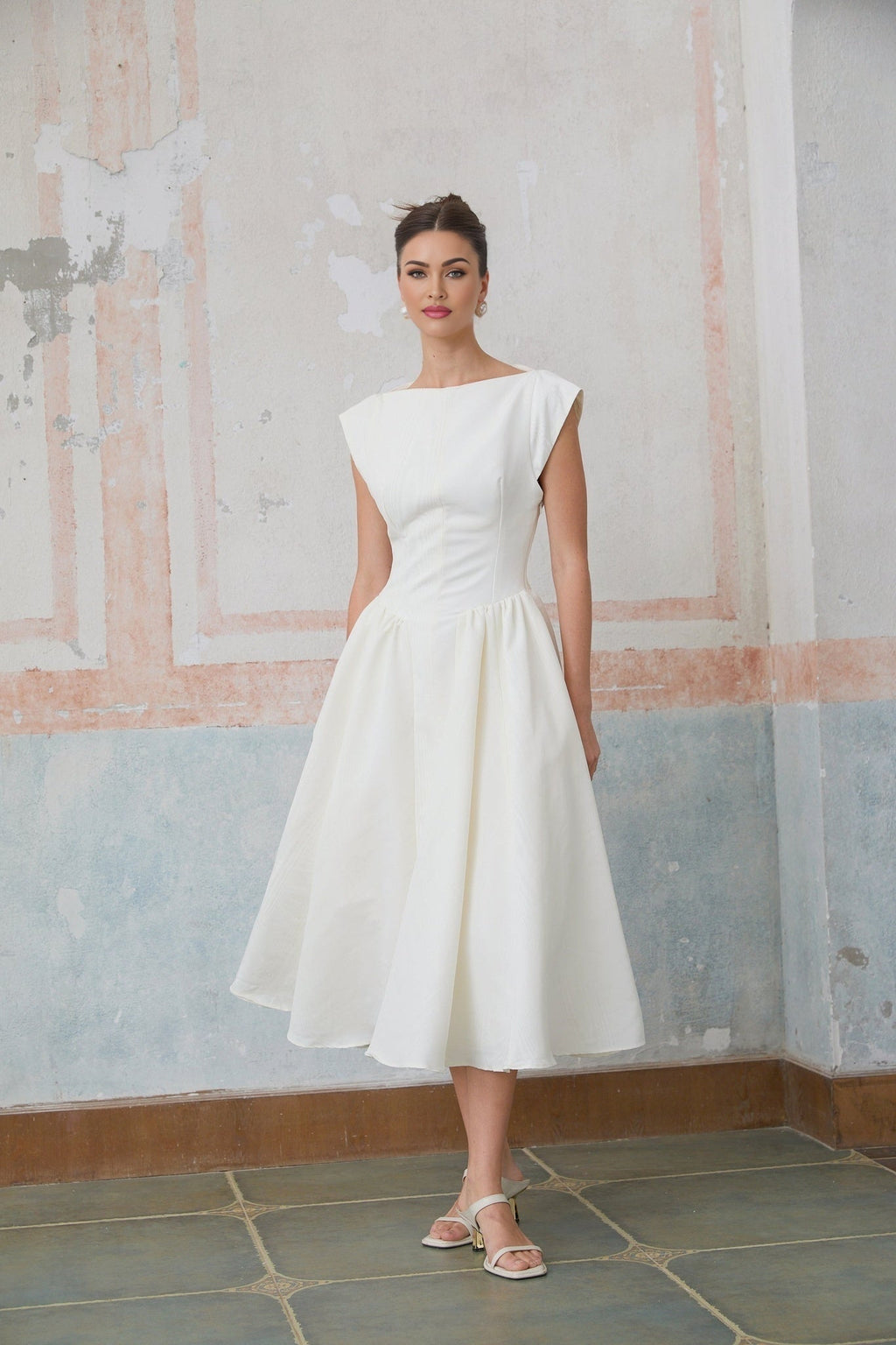 Elda Midi Dress - Cap Sleeves - Cinched Waist - Open Back - Pleated Detailing