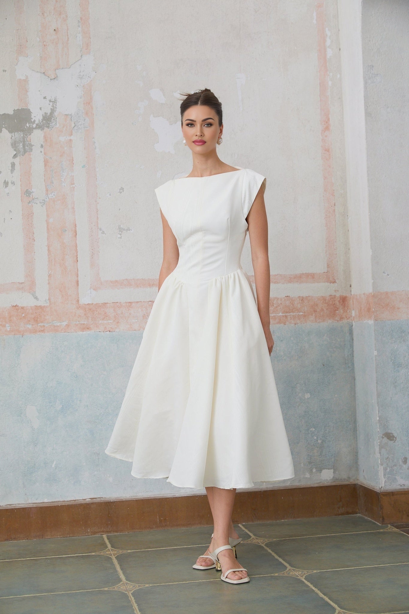 Elda Midi Dress - Cap Sleeves - Cinched Waist - Open Back - Pleated Detailing