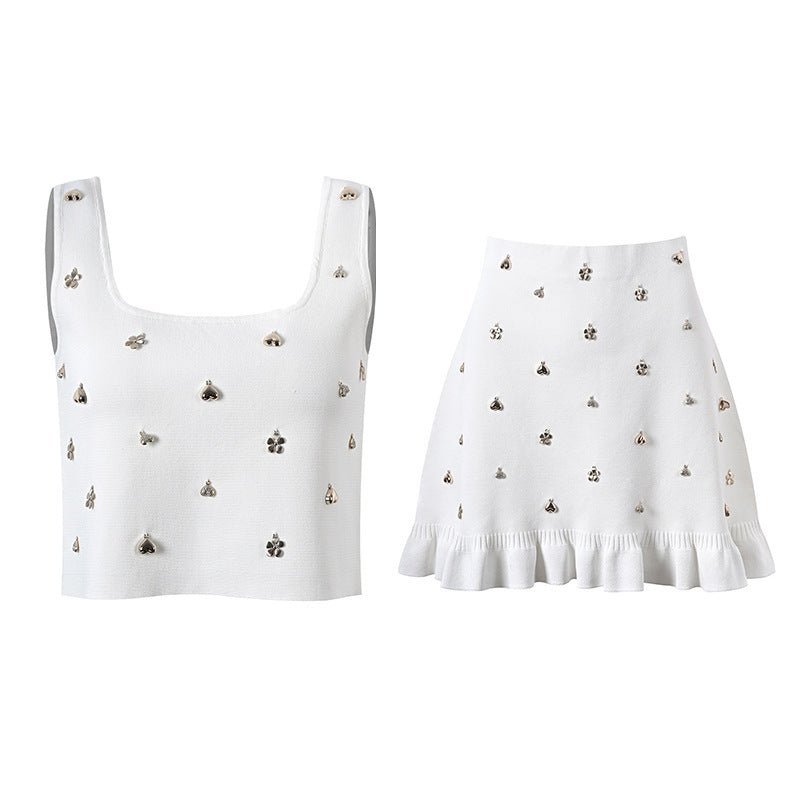 Elda Top & Skirt Set - Cropped Top With Floral Motifs - Relaxed Fit - Soft Knitted Fabric - Ruffle Hem Detail
