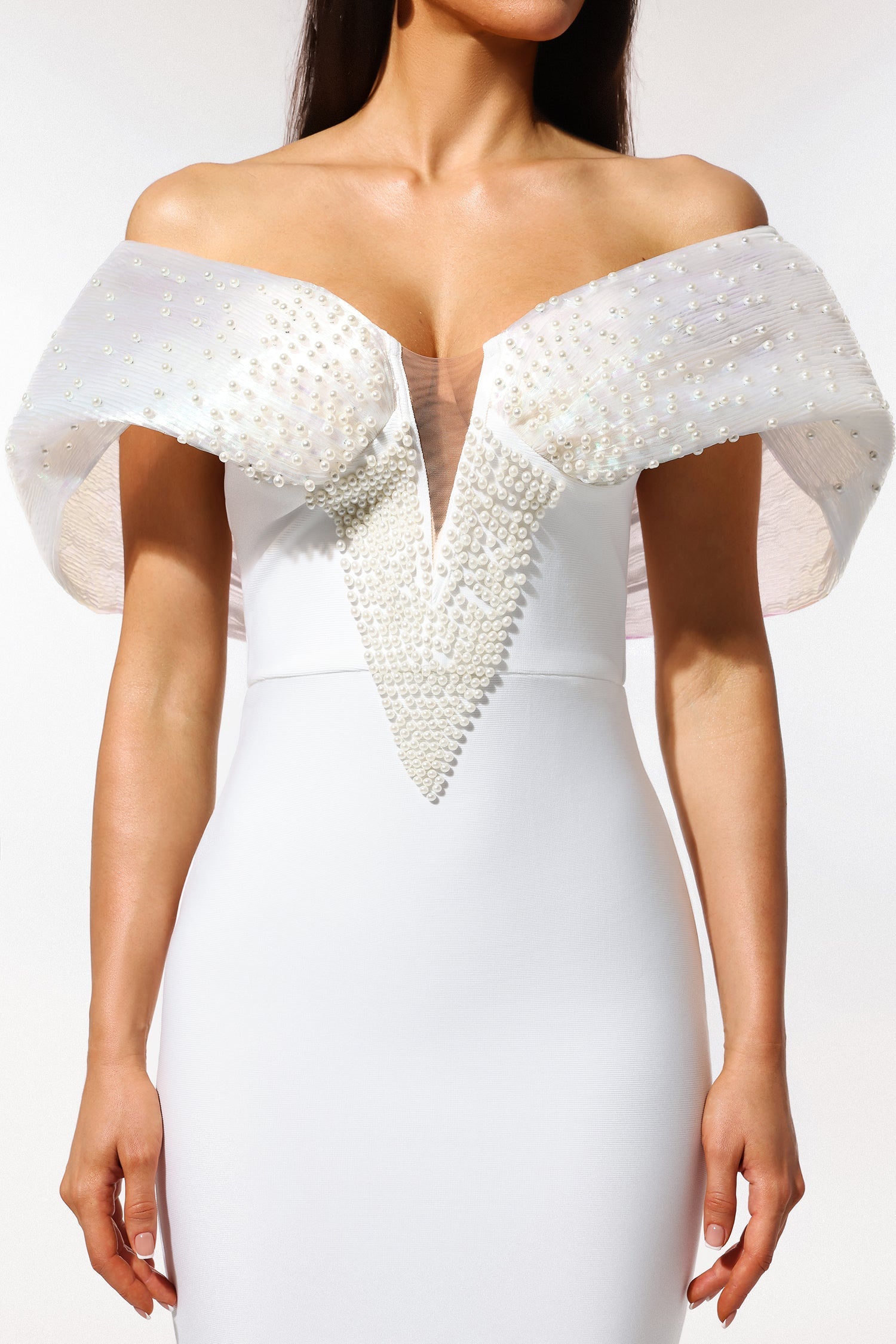 Elda White Off-Shoulder Pearl Detail Dress V-Neckline Formal Evening Wedding Gala