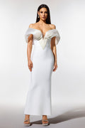 Elda White Off-Shoulder Pearl Detail Dress V-Neckline Formal Evening Wedding Gala