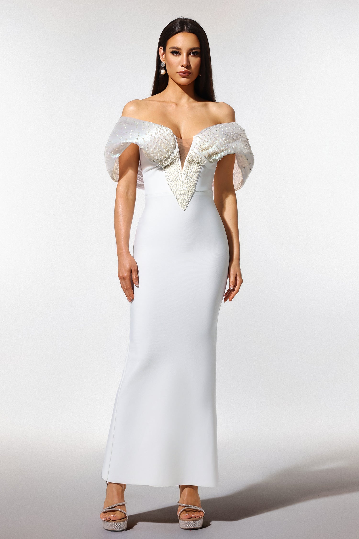 Elda White Off-Shoulder Pearl Detail Dress V-Neckline Formal Evening Wedding Gala