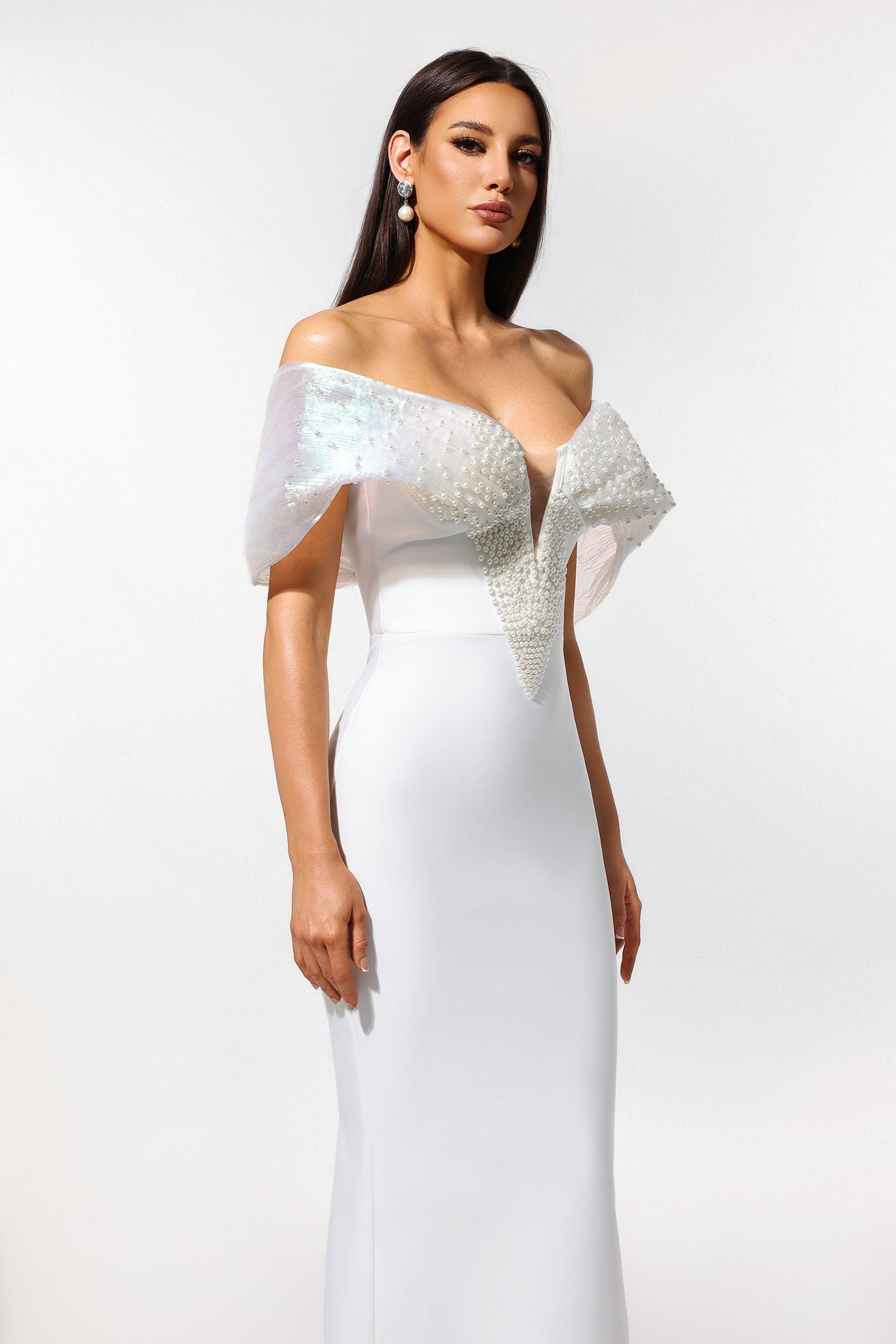 Elda White Off-Shoulder Pearl Detailing Formal Dress