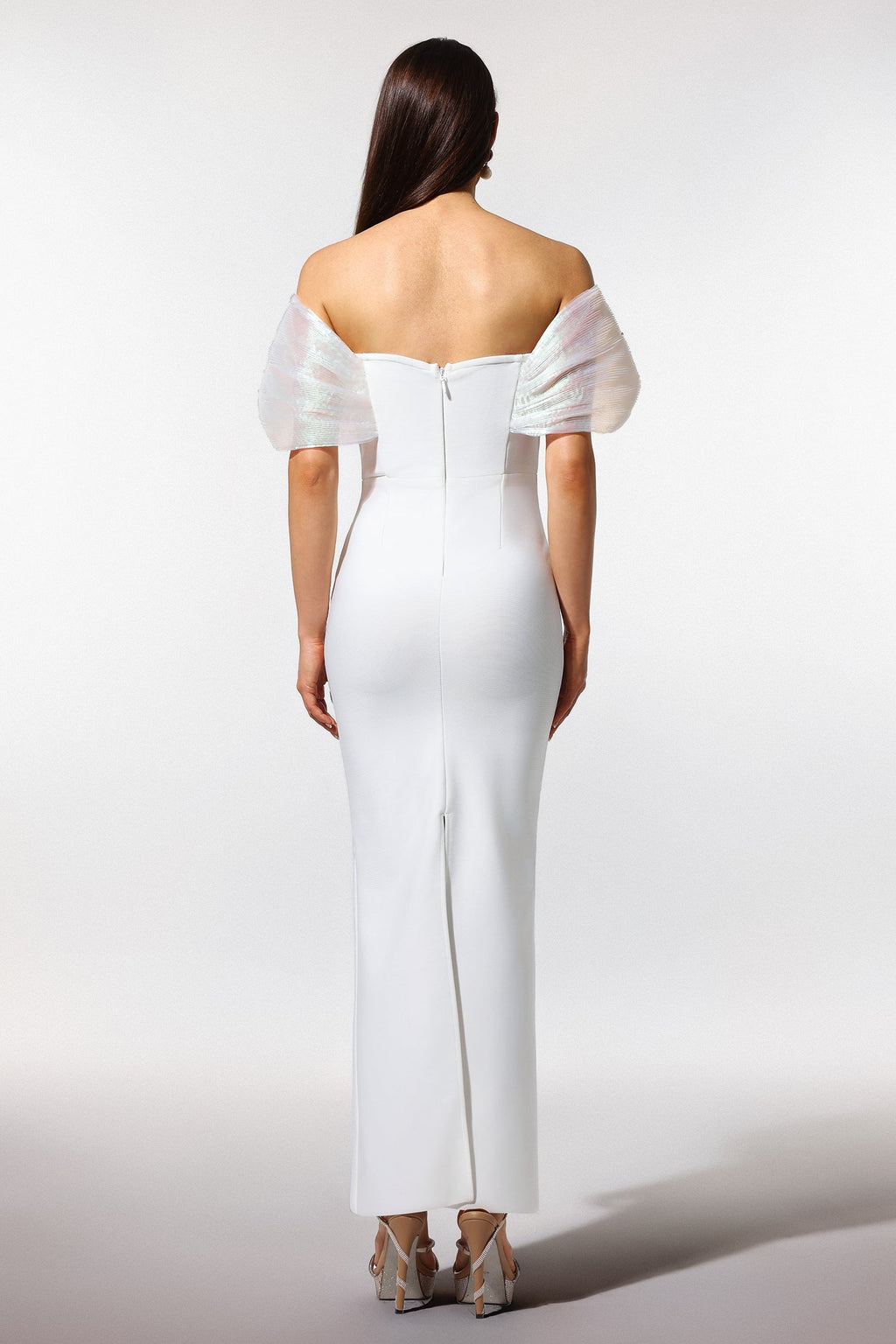 Elda White Off-Shoulder Pearl Detailing V-Neckline Formal Dress