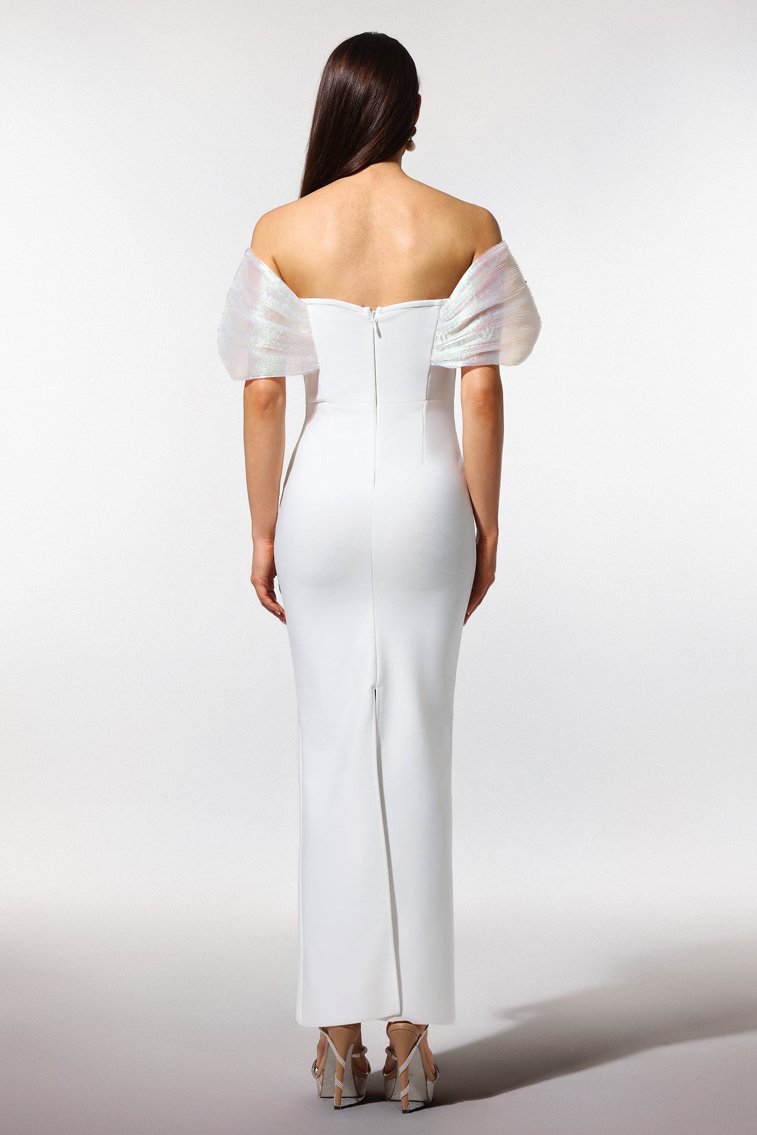 Elda White Off-Shoulder Pearl Detailing V-Neckline Formal Dress